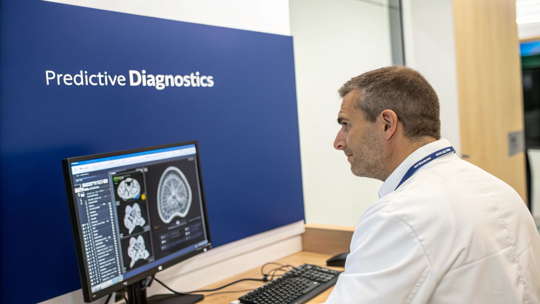 A man in a white lab coat analyzing medical imaging scans on a monitor at a Predictive Diagnostics station.