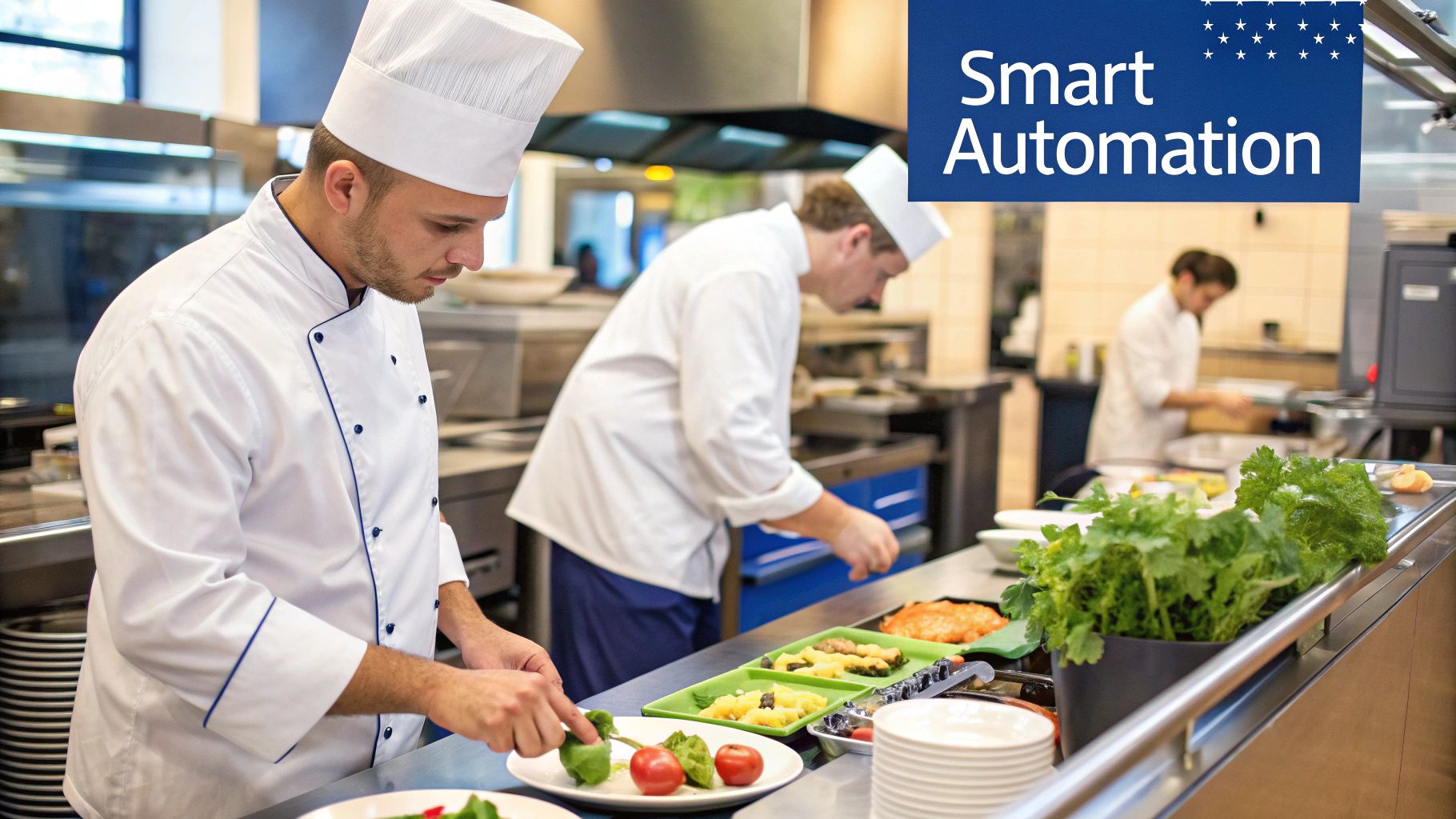 A professional team collaborating around a digital interface, illustrating the strategic focus enabled by business process automation.