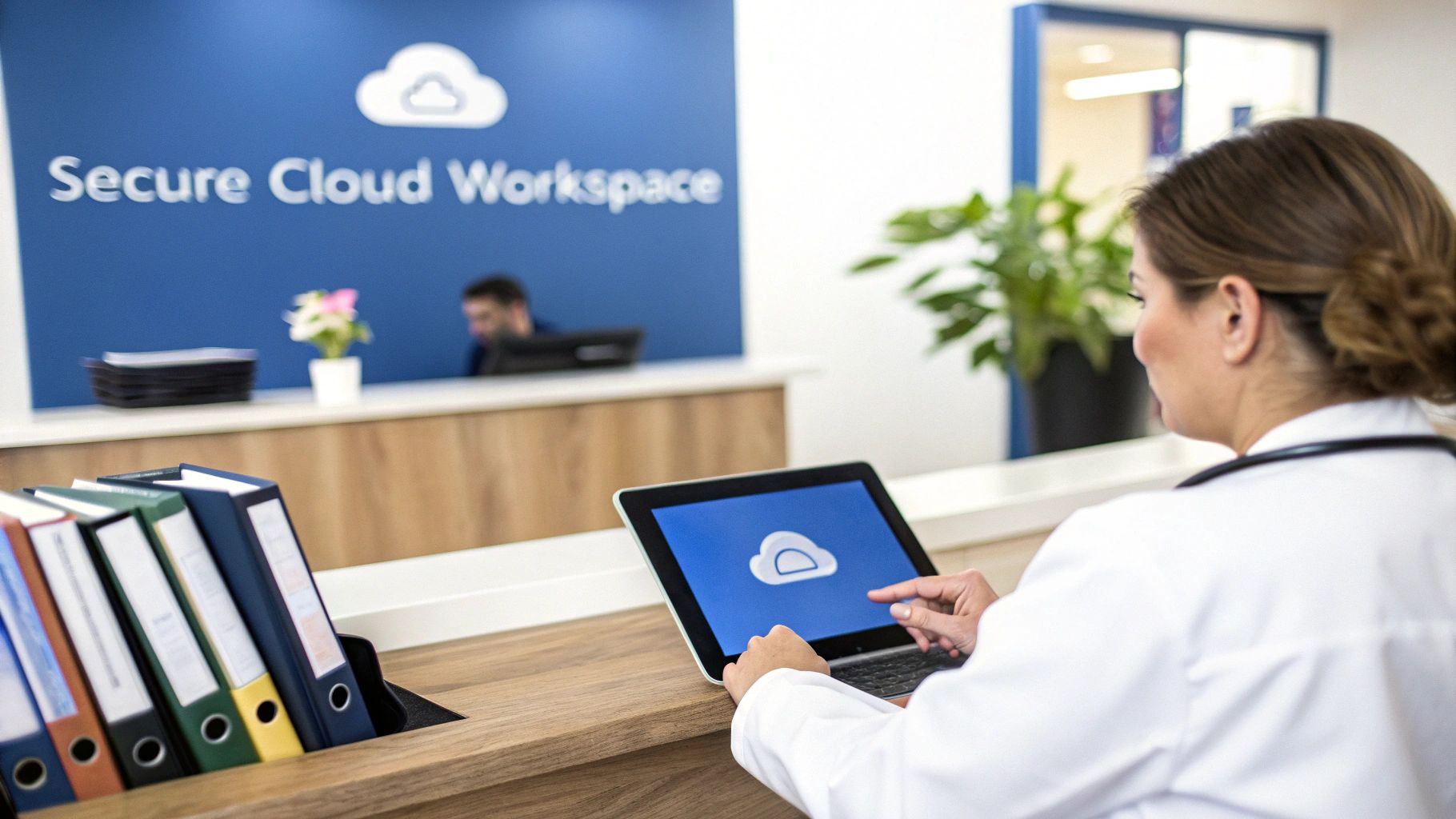 A doctor reviewing patient data on a tablet, symbolizing the accessibility of cloud healthcare software.