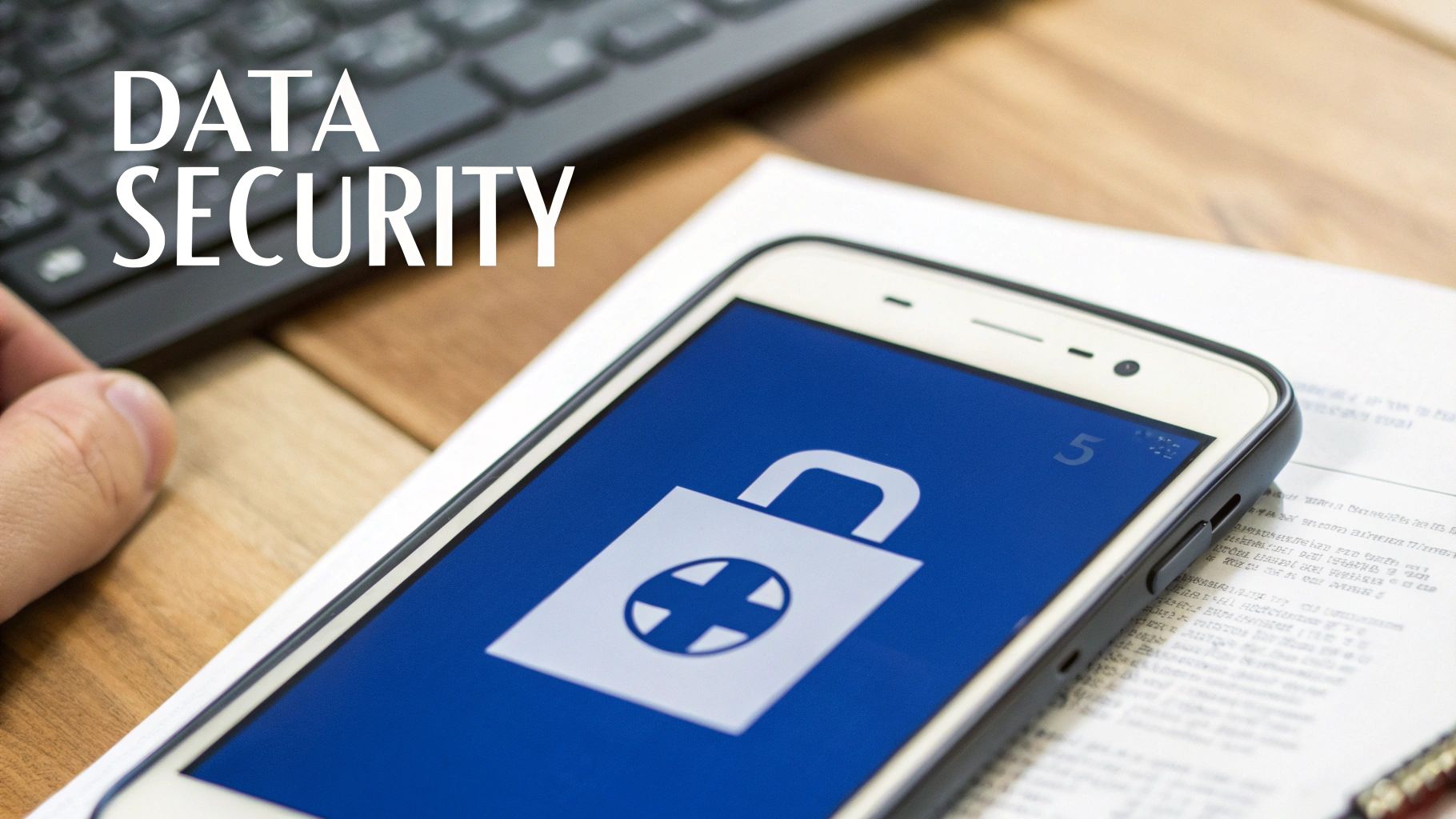 A smartphone displaying a medical cross lock icon, symbolizing data security for healthcare information on mobile apps, with 'DATA SECURITY' text.