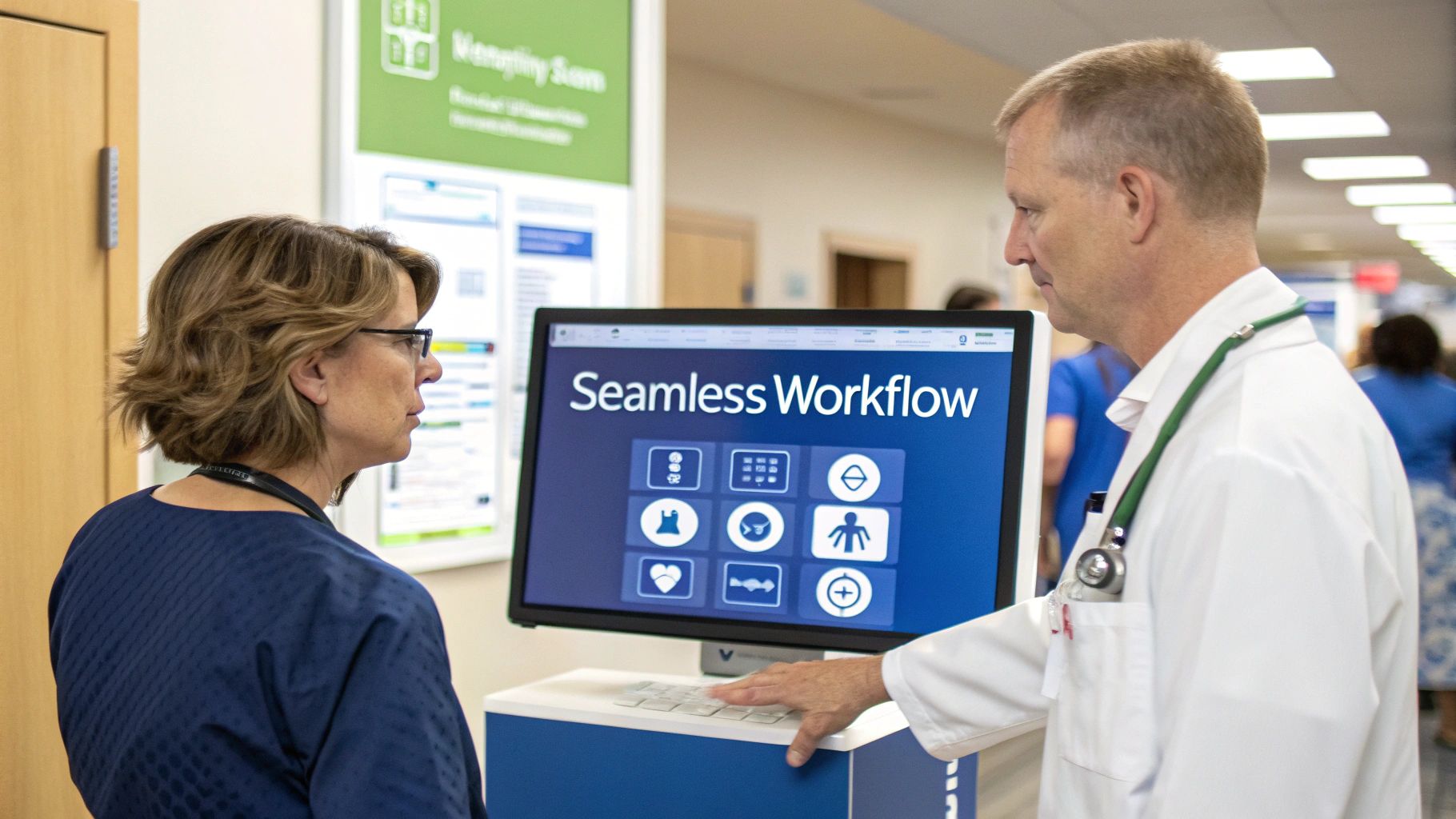 A doctor and a nurse review patient data on a tablet in a modern hospital setting.