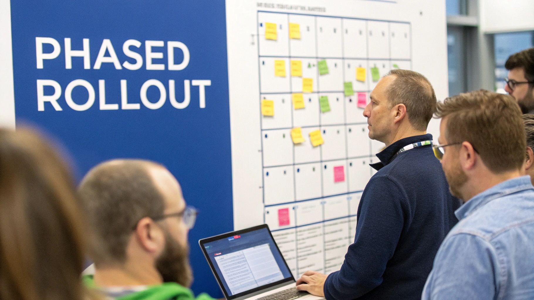 Team collaborating on a project plan for software implementation.