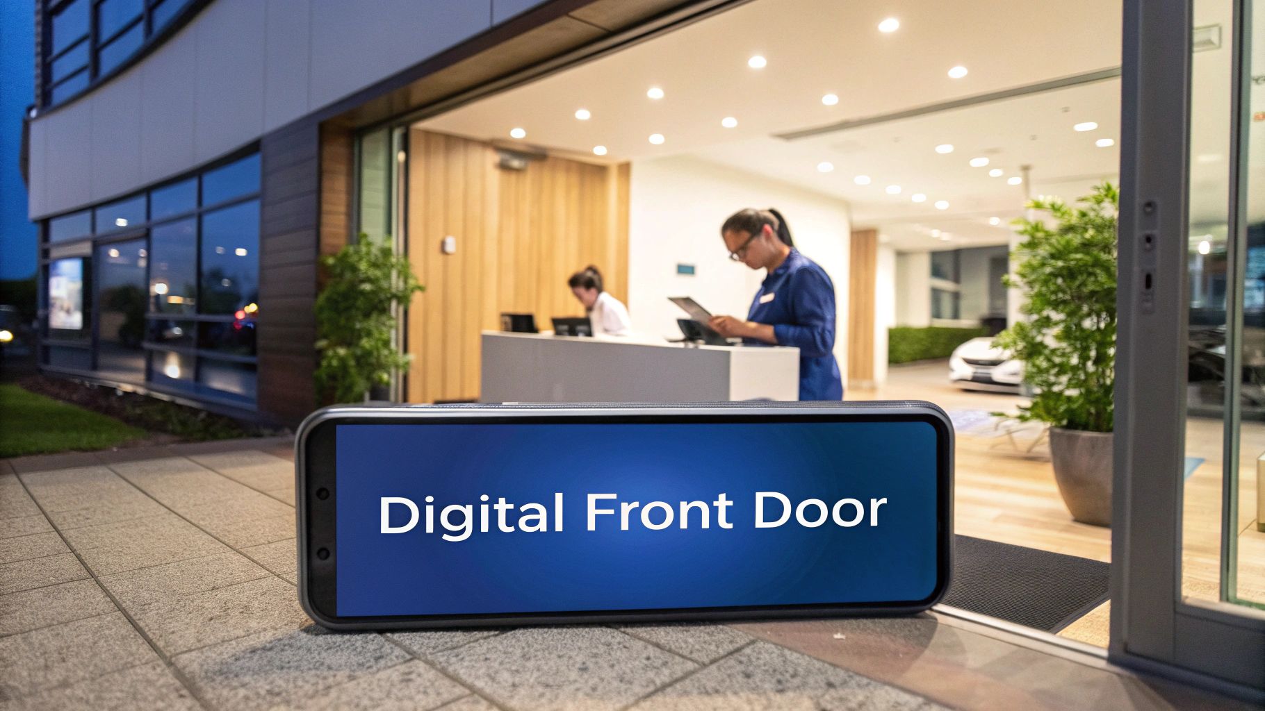 A healthcare professional using a tablet to interact with a patient's digital chart, symbolizing the digital front door.