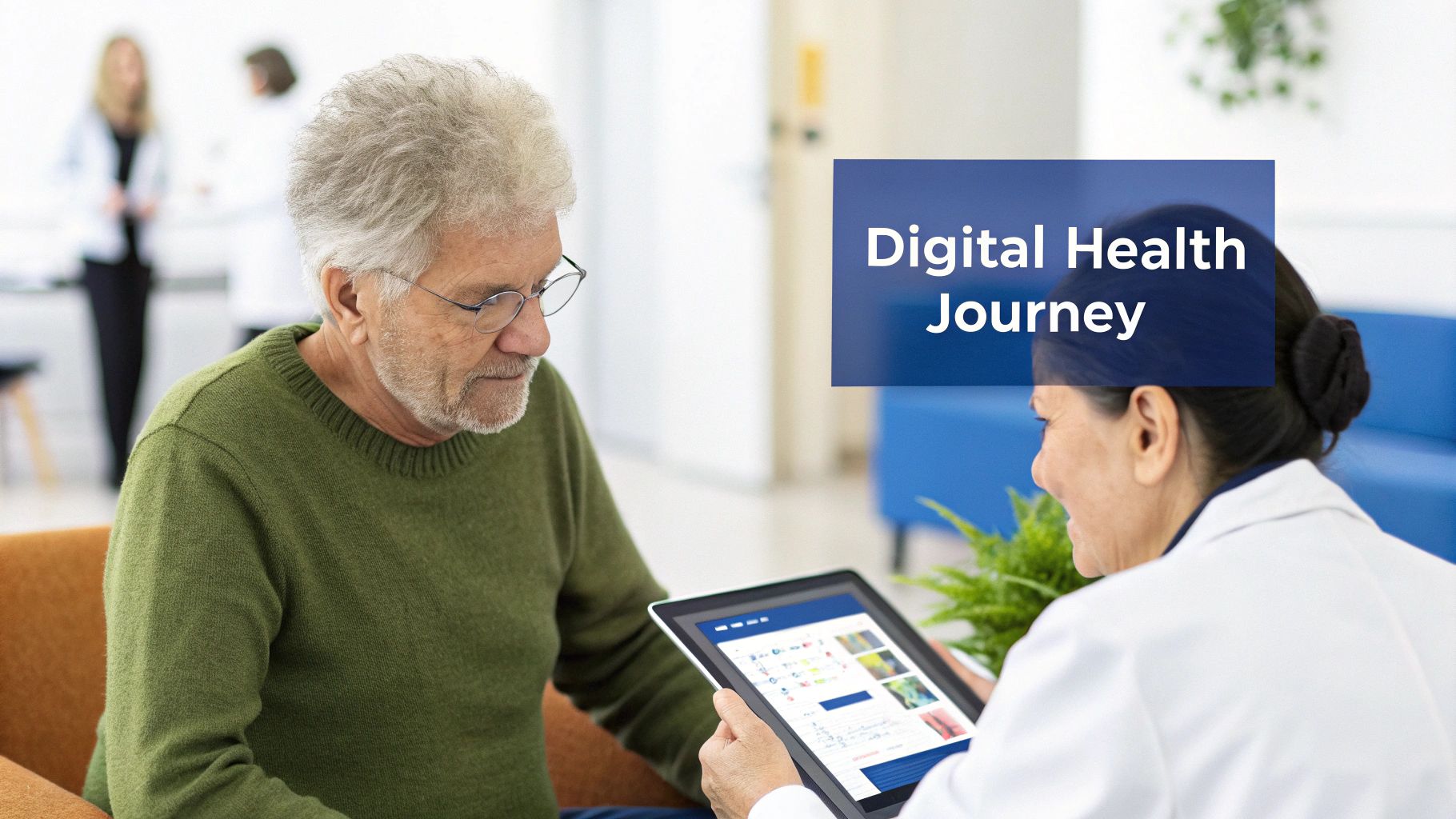 A doctor using a tablet to discuss medical results with a patient.