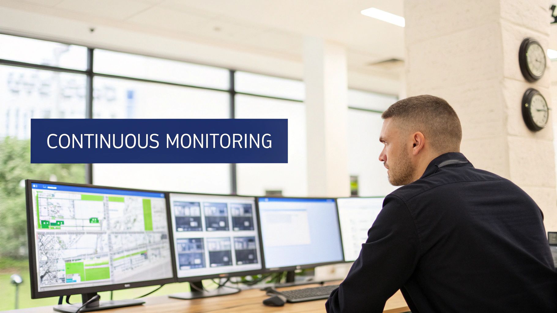 A man monitors multiple computer screens displaying maps and data, with 'CONTINUOUS MONITORING' text overlay.