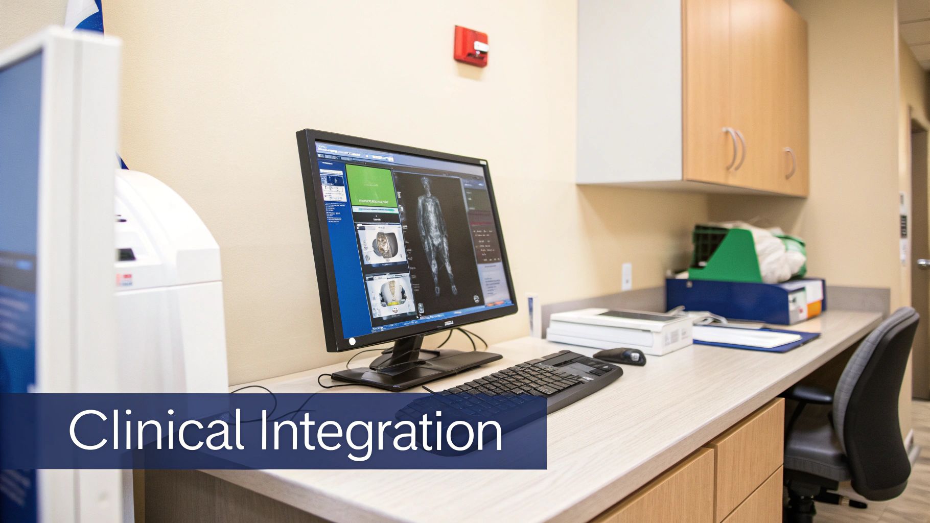 A clinical workstation with a monitor displaying various medical imaging scans of a human body, keyboard, and mouse.