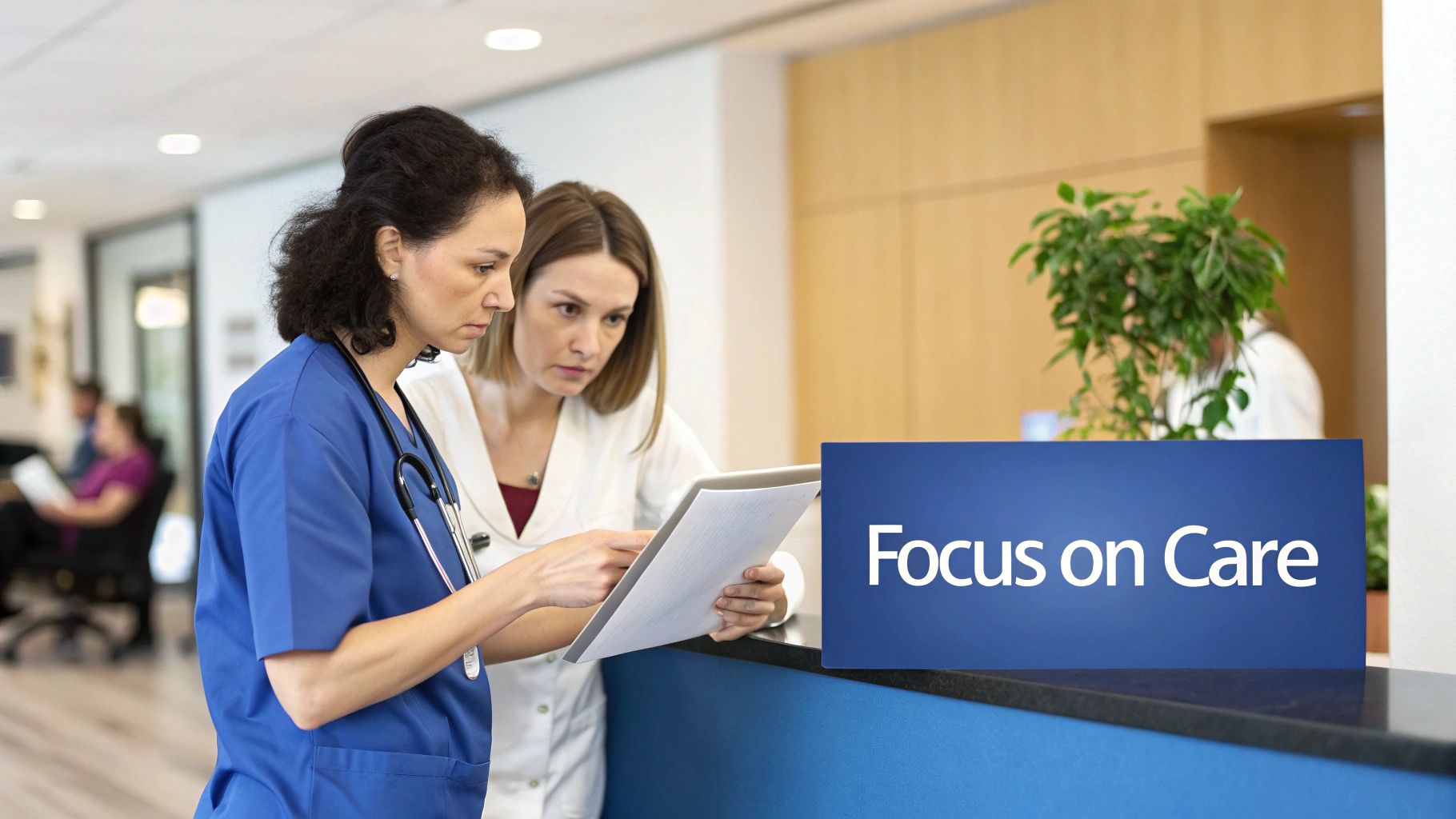 Two female healthcare professionals collaborate, reviewing patient documents in a modern clinic with a 'Focus on Care' sign.