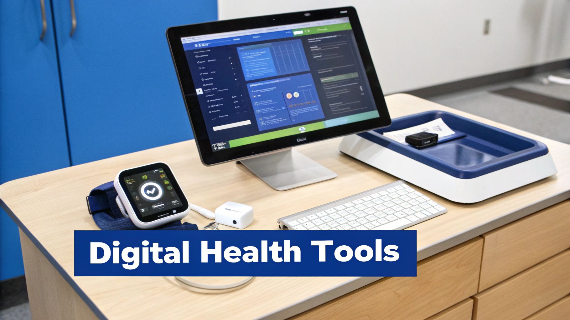 A desk with a large monitor displaying health data, a wearable device, and medical equipment.