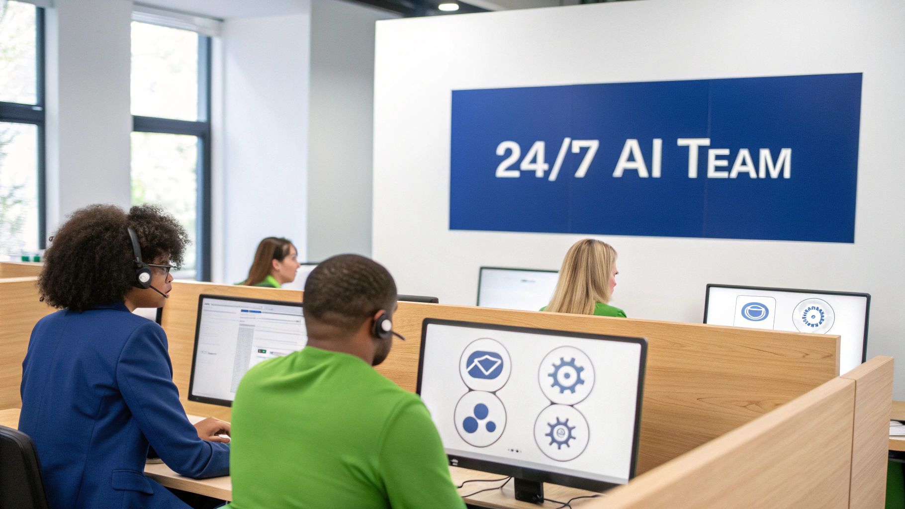 Diverse customer service agents wearing headsets working at computers in an office with a '24/7 AI Team' sign.