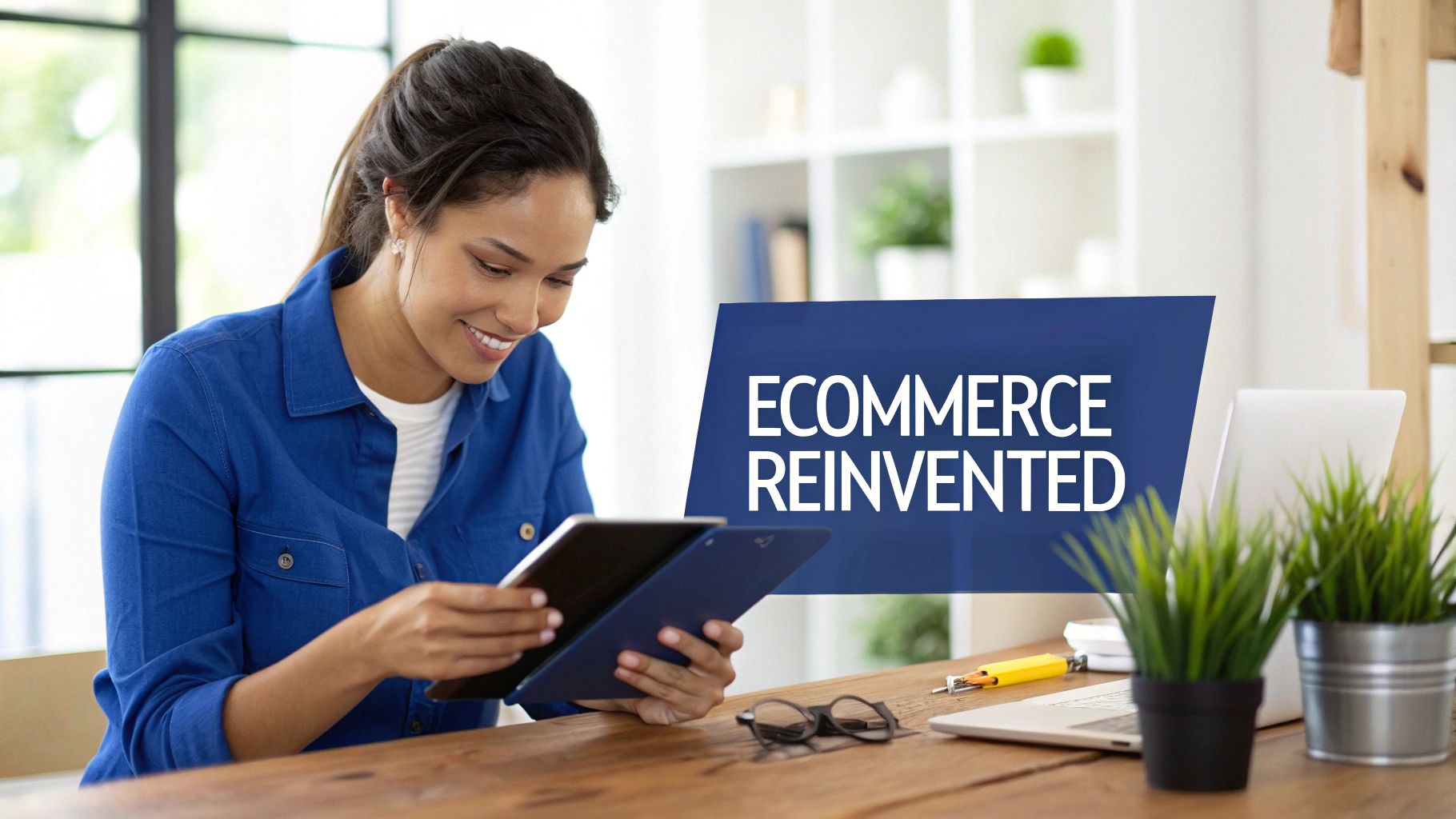 Smiling woman uses a tablet at a desk, engaging with 'E-commerce Reinvented' content.