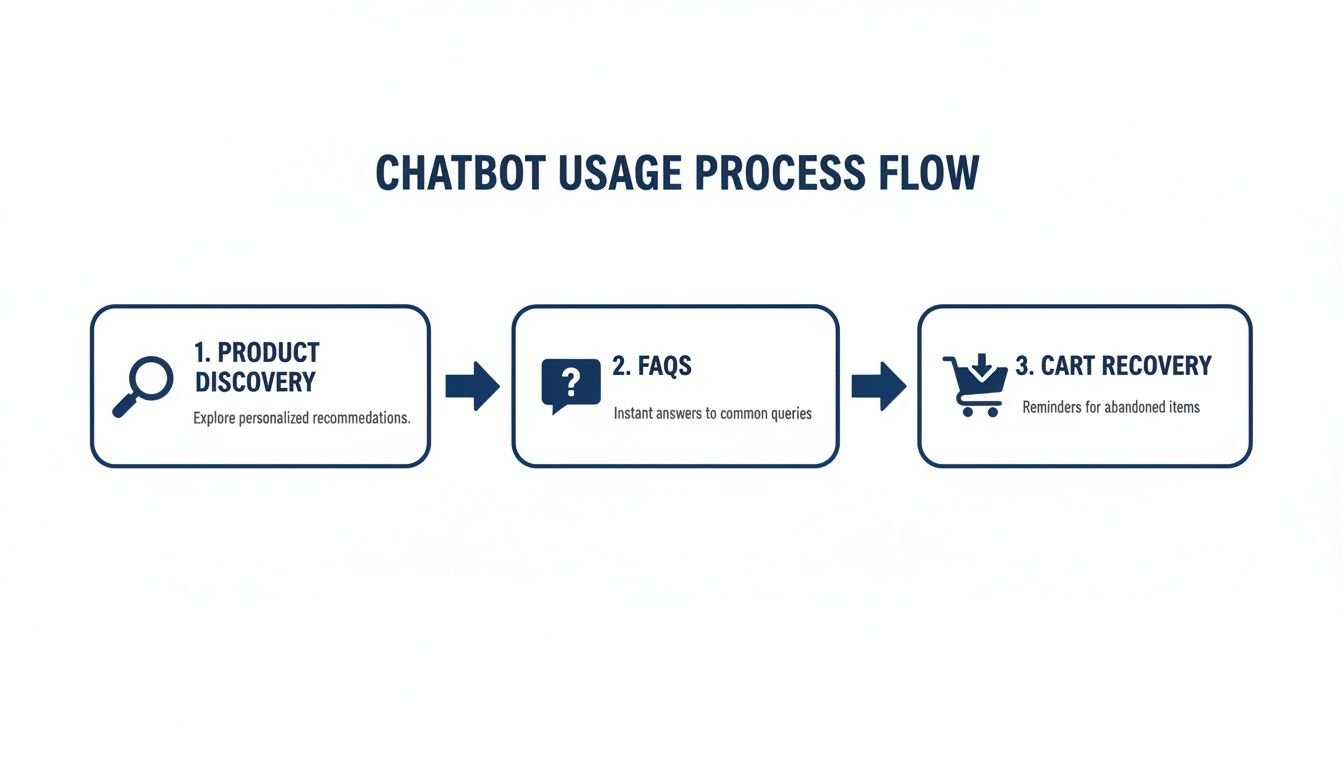 A flowchart illustrating chatbot usage processes: product discovery, FAQs, and cart recovery.