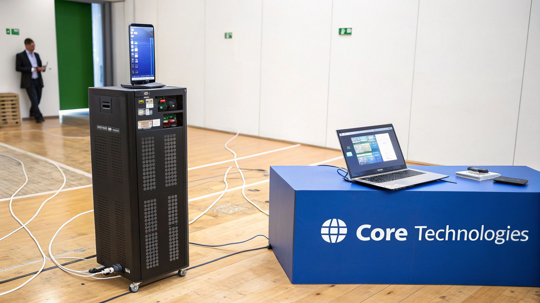 Three futuristic icons representing AI, Headless, and Composable commerce, interconnected with glowing lines.