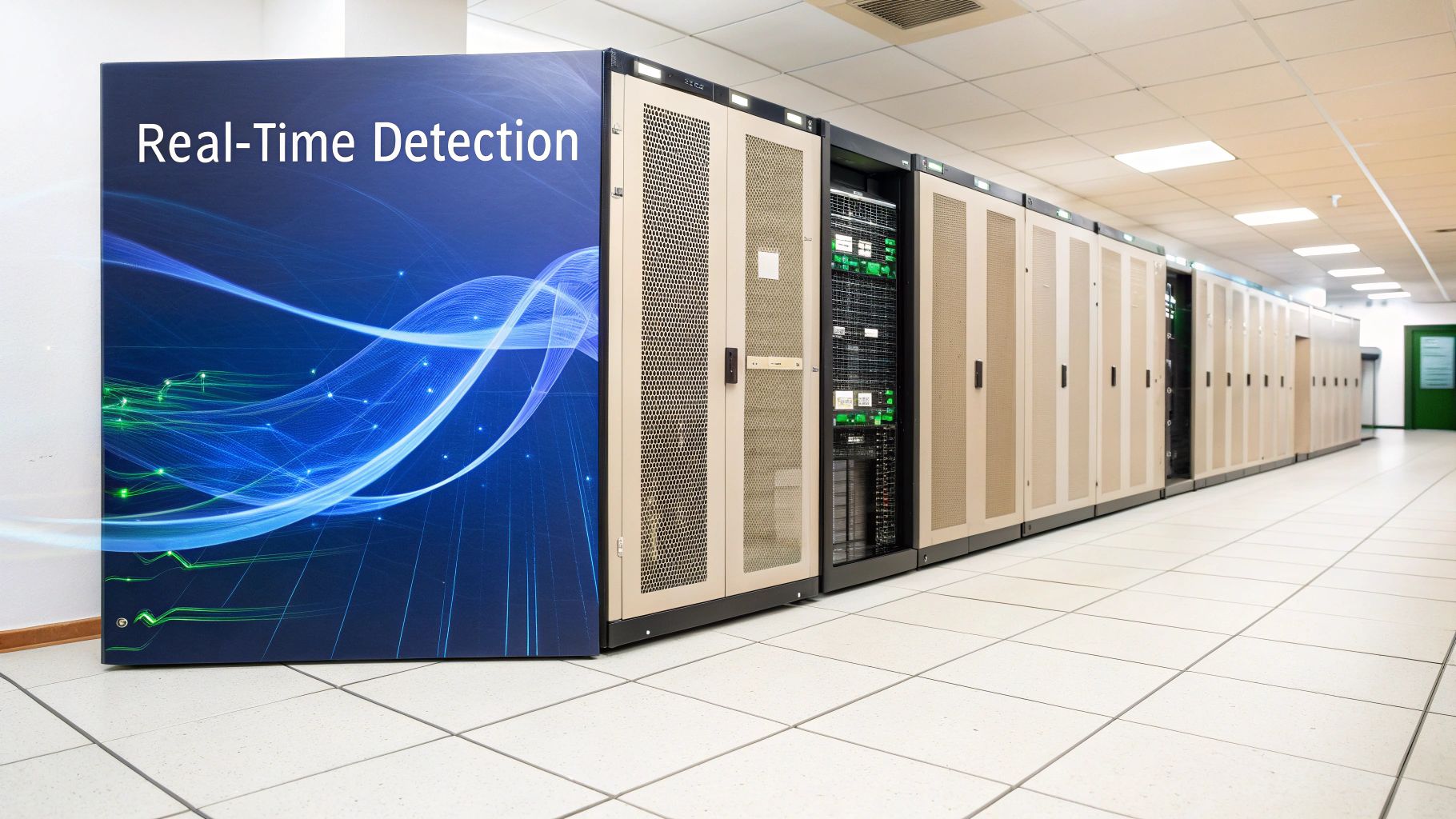 A modern data center with rows of server racks, one displaying 'Real-Time Detection' on a blue screen.