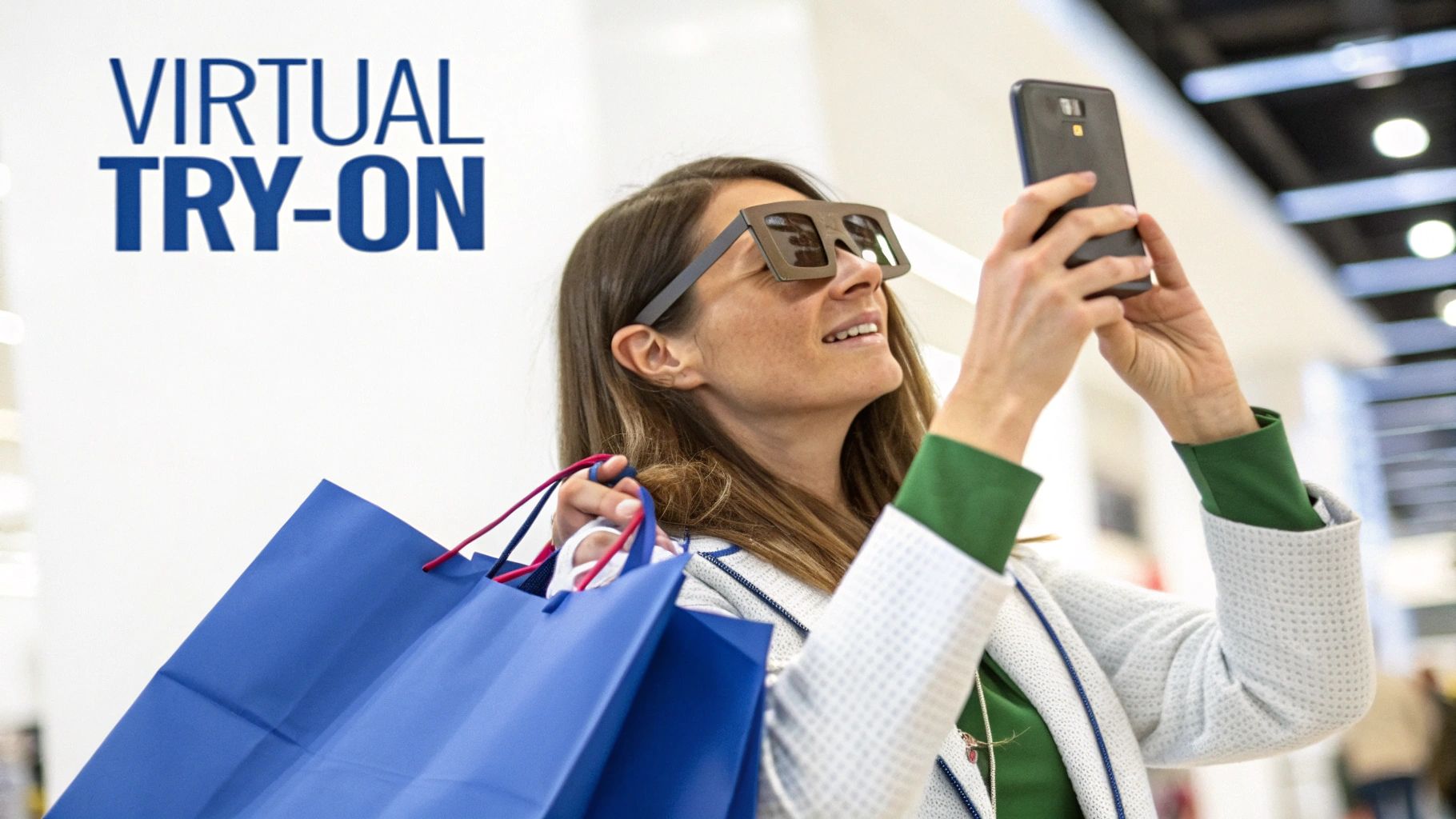 A person using their smartphone to virtually try on a pair of glasses, showcasing augmented reality in ecommerce.