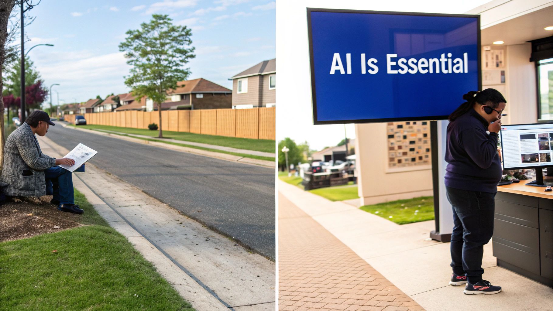 Two contrasting scenes: a man reading outdoors in a residential area, and another man viewing an "AI Is Essential" screen indoors.