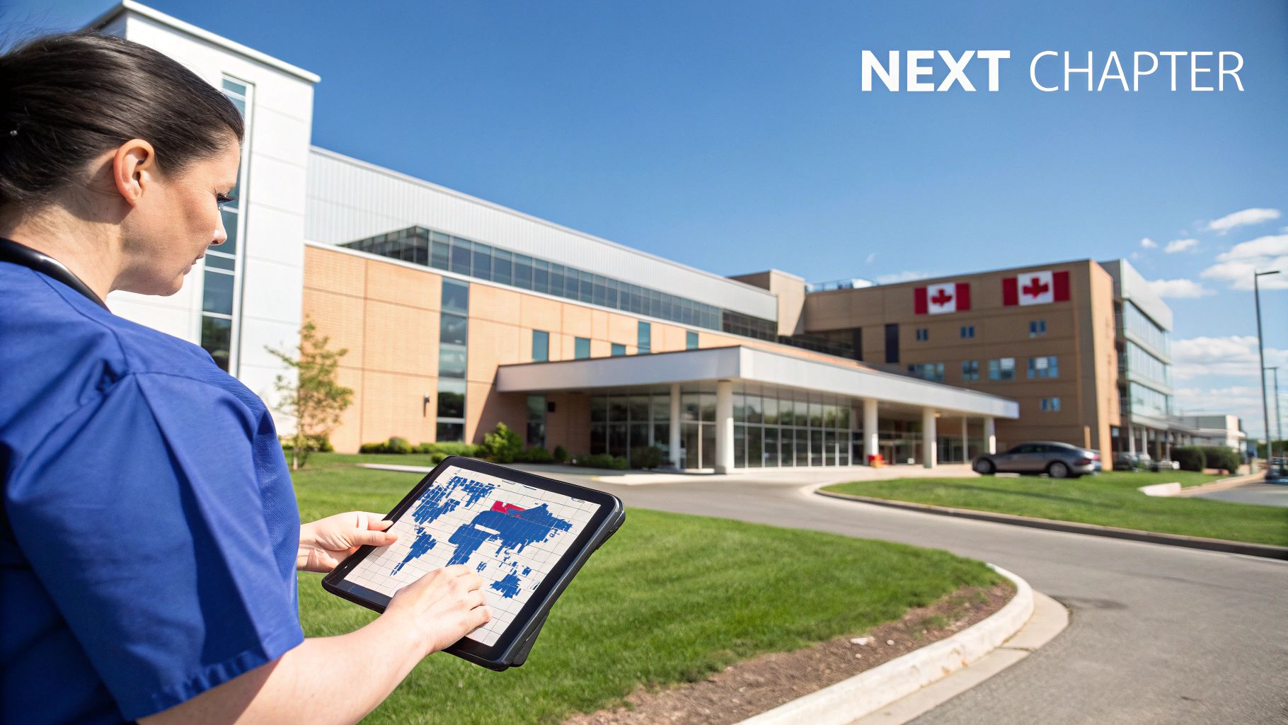 A healthcare professional uses a tablet with a world map outside a modern hospital building in Canada.