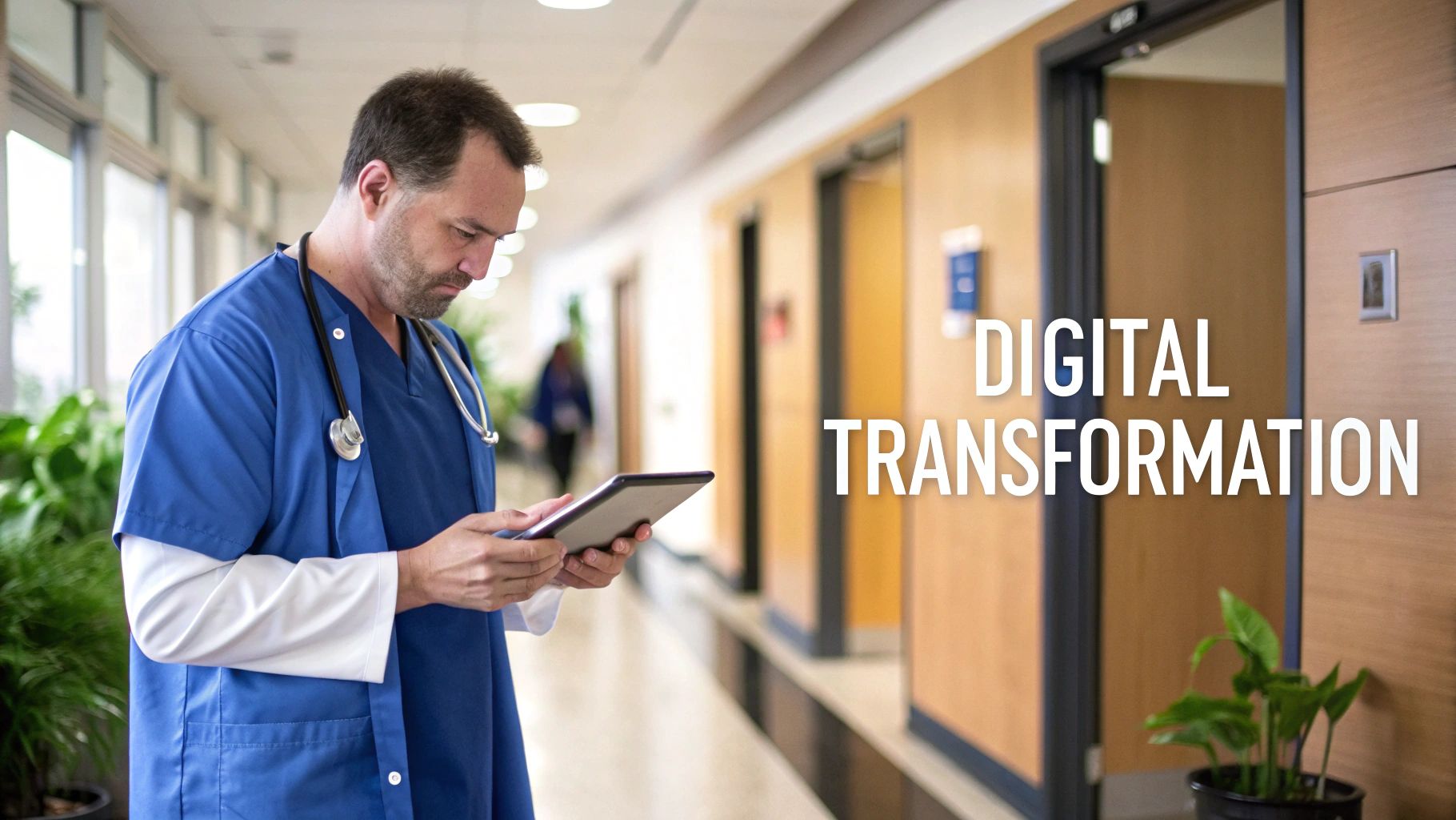 A male doctor in scrubs uses a tablet in a hospital corridor, representing digital transformation in healthcare.