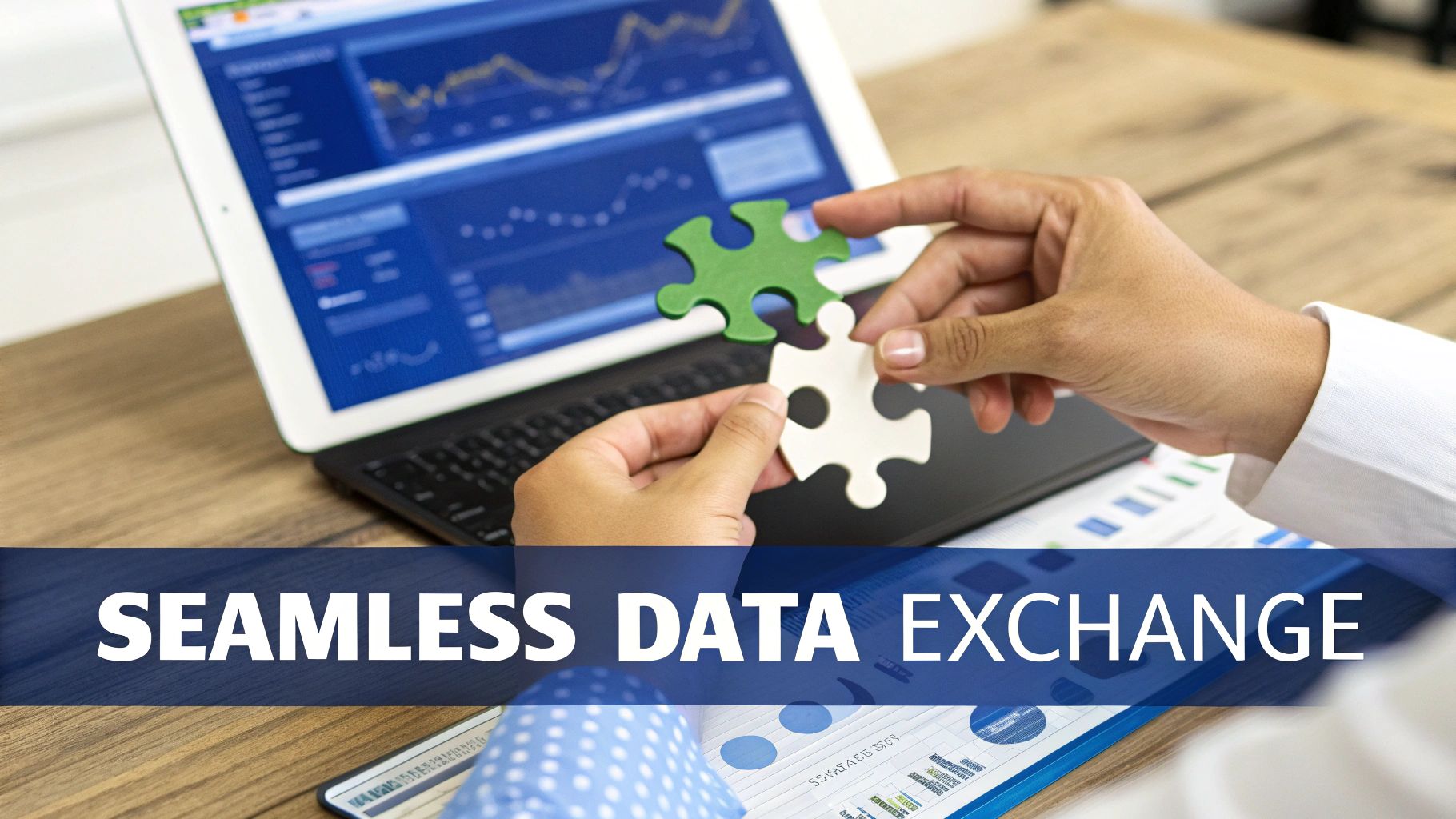 Hands connect puzzle pieces over a laptop with data charts, symbolizing seamless data exchange.