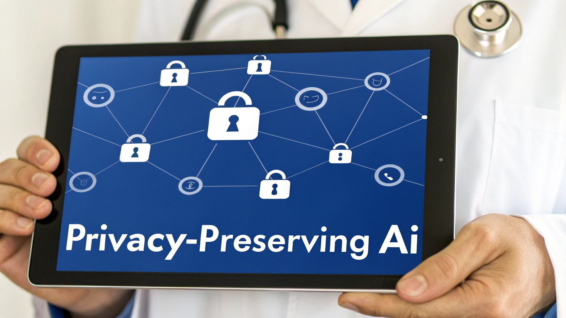 A doctor holds a tablet displaying 'Privacy-Preserving AI' with a secure network of lock icons.