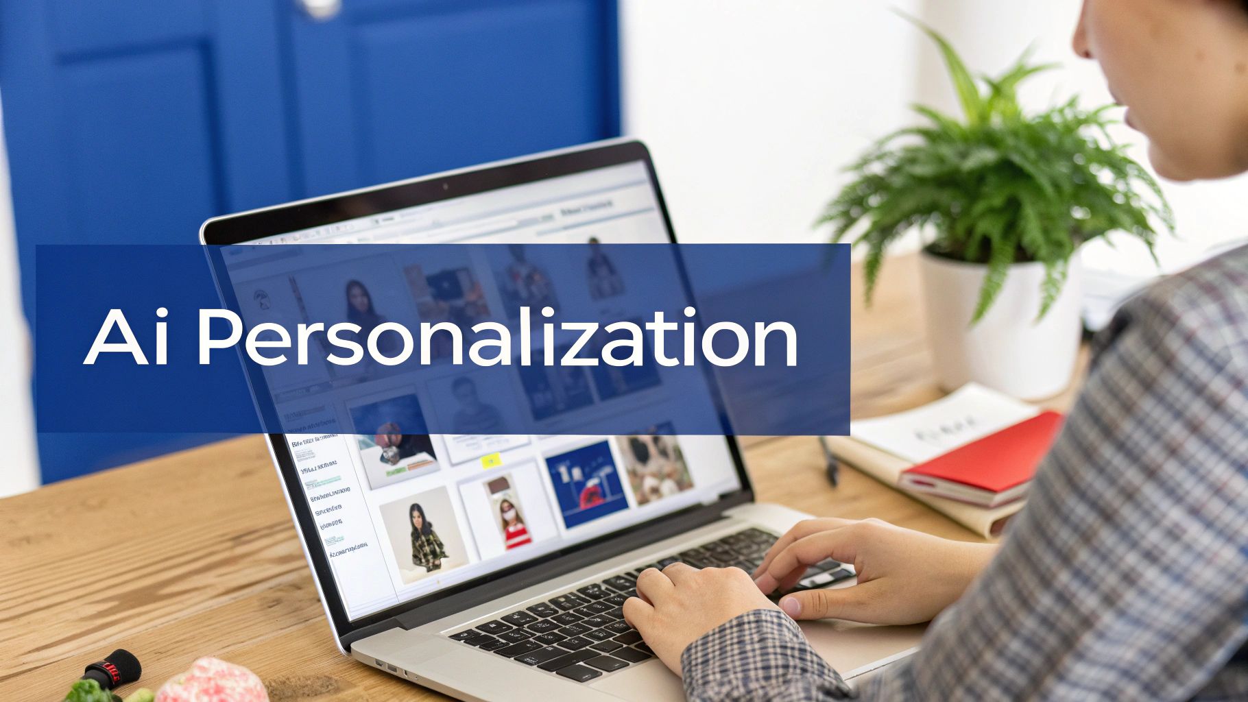 A person works on a laptop displaying AI personalization content, with notebooks and a plant in the background.