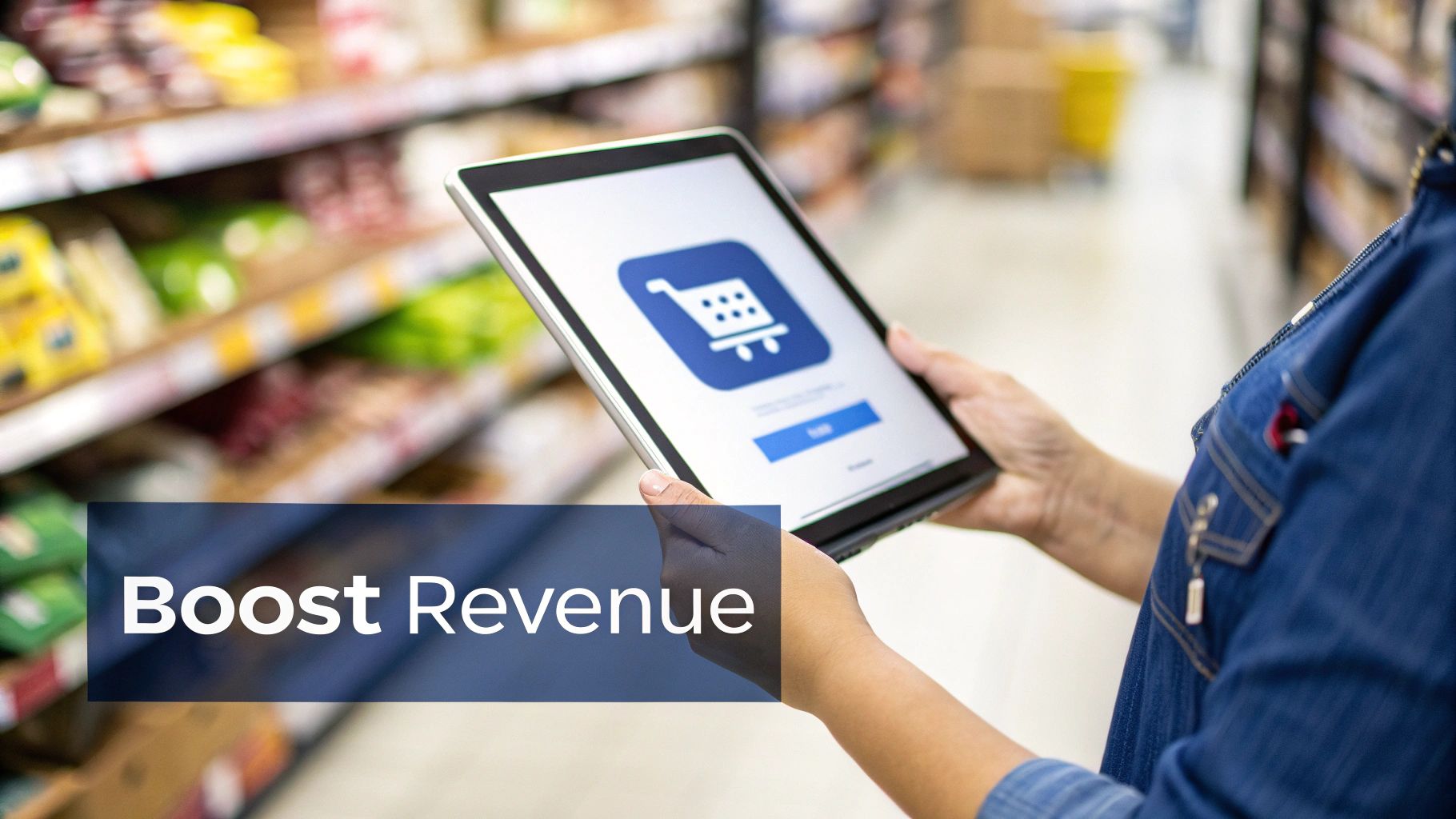 A person holding a tablet displaying a shopping cart app in a grocery store, overlayed with 'Boost Revenue'.