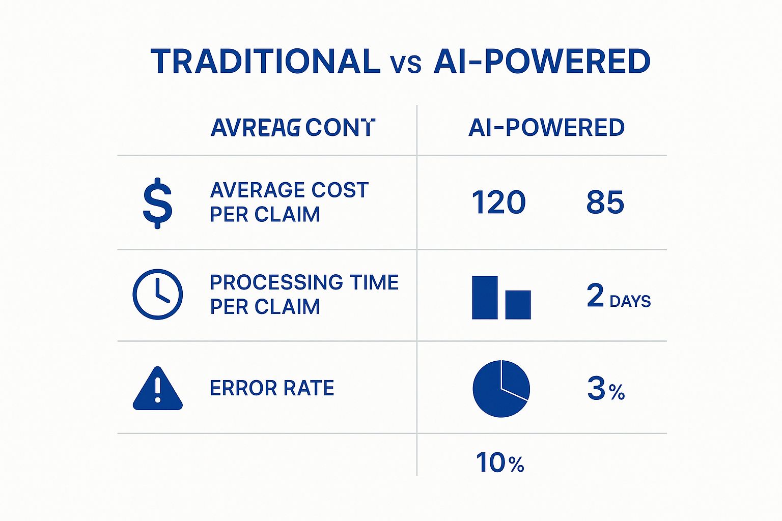 Infographic comparing traditional vs. AI-powered insurance metrics, showing lower costs, faster processing, and fewer errors with AI.