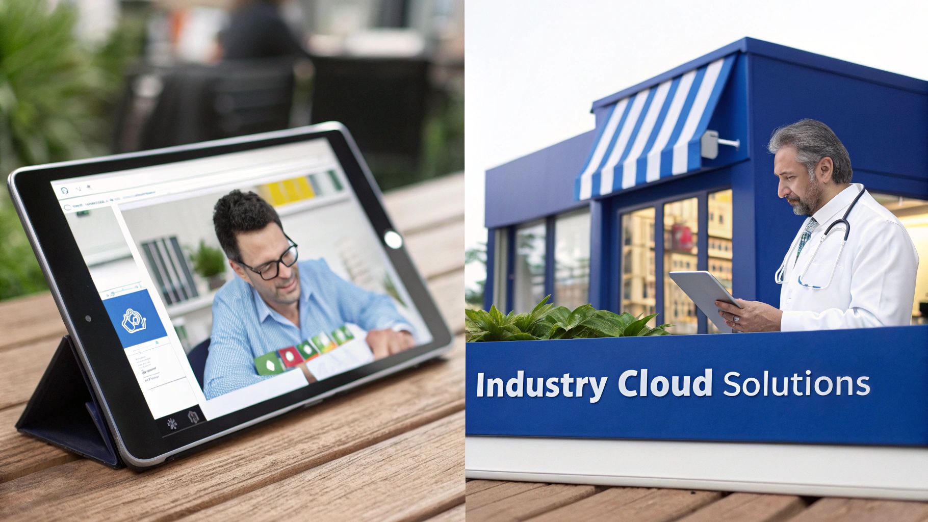 Split image: A man on a tablet and a doctor with a tablet near an 'Industry Cloud Solutions' sign.