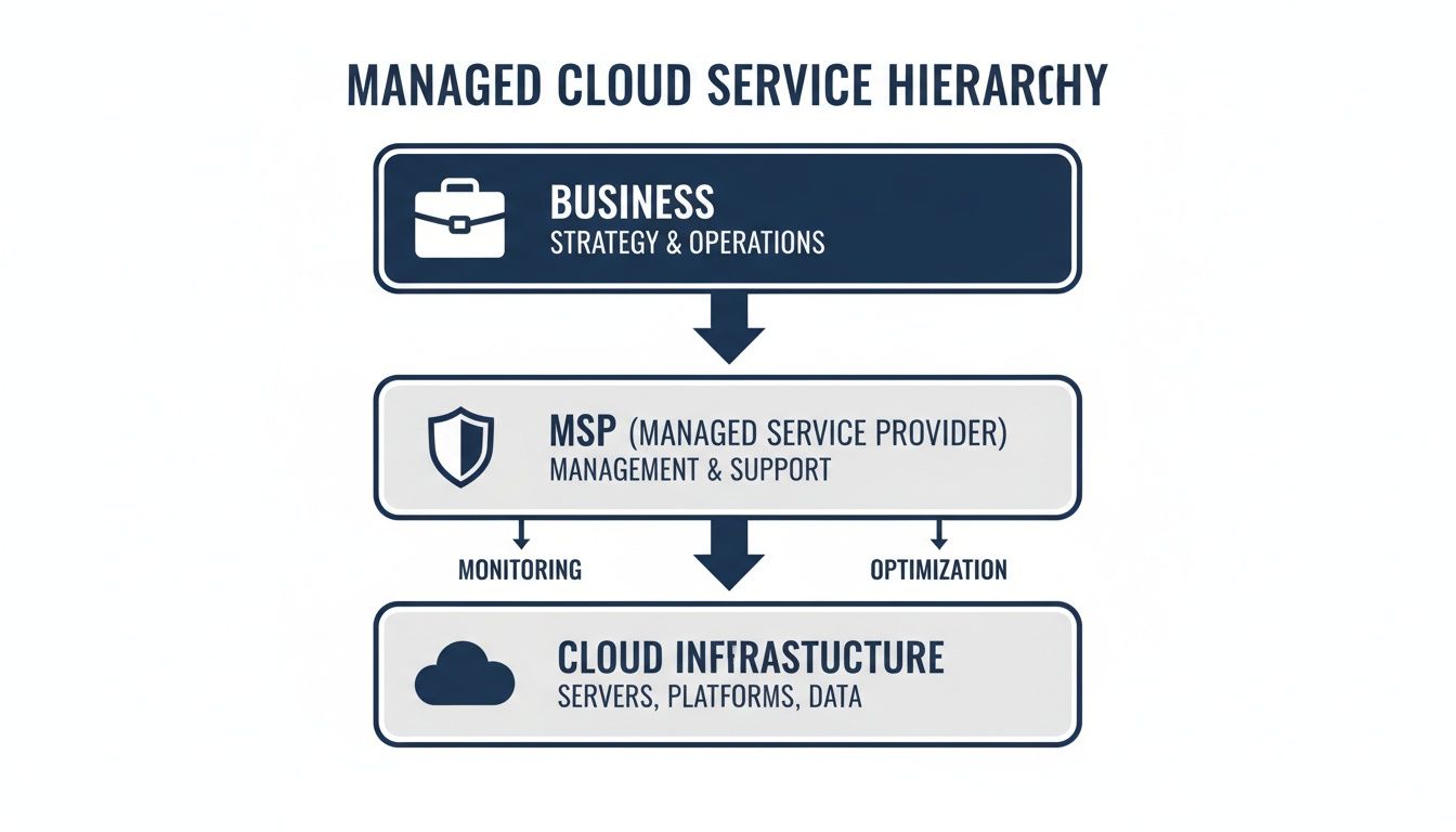 A diagram showing the managed cloud service hierarchy, including Business, MSP, and Cloud Infrastructure.