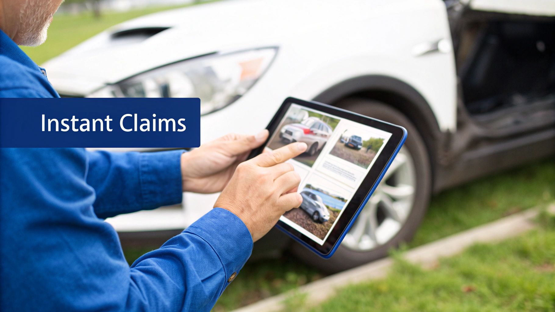 Insurance adjuster using tablet to document vehicle damage for instant digital claims processing