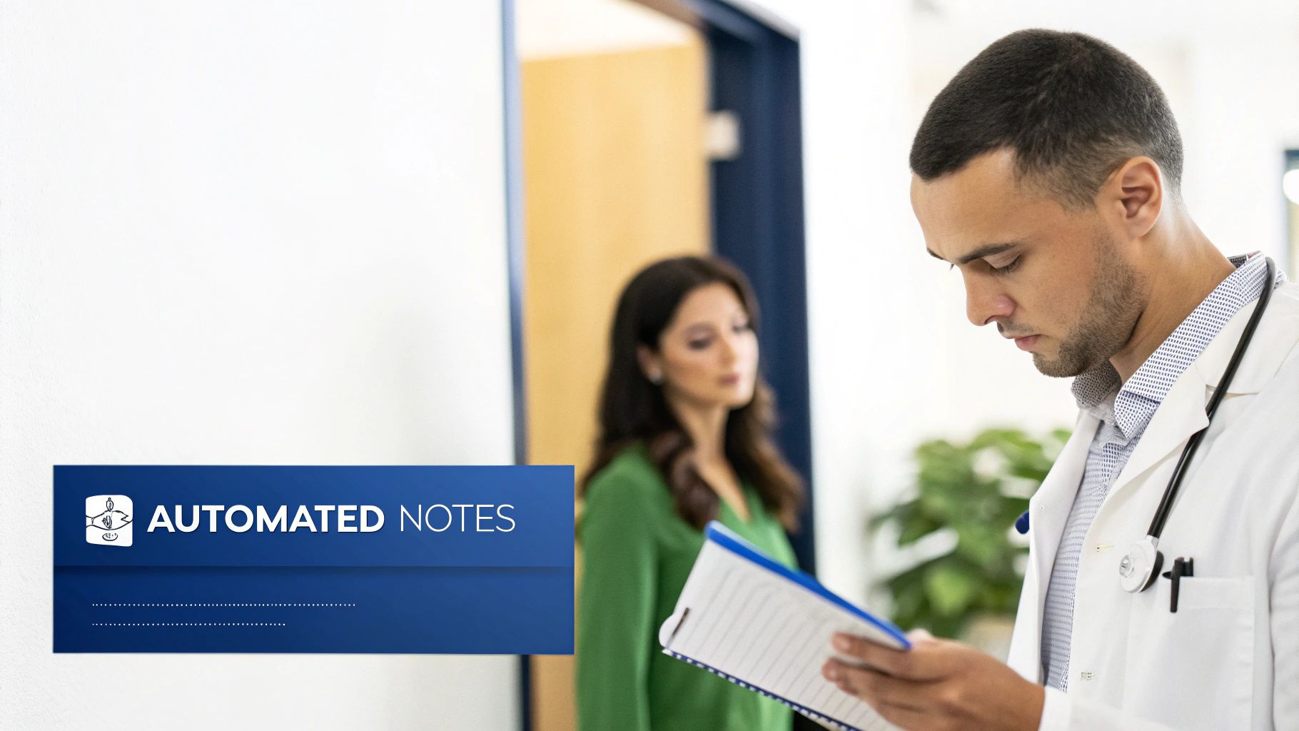 A relaxed doctor smiling, freed from administrative tasks, with a subtle AI interface in the background.