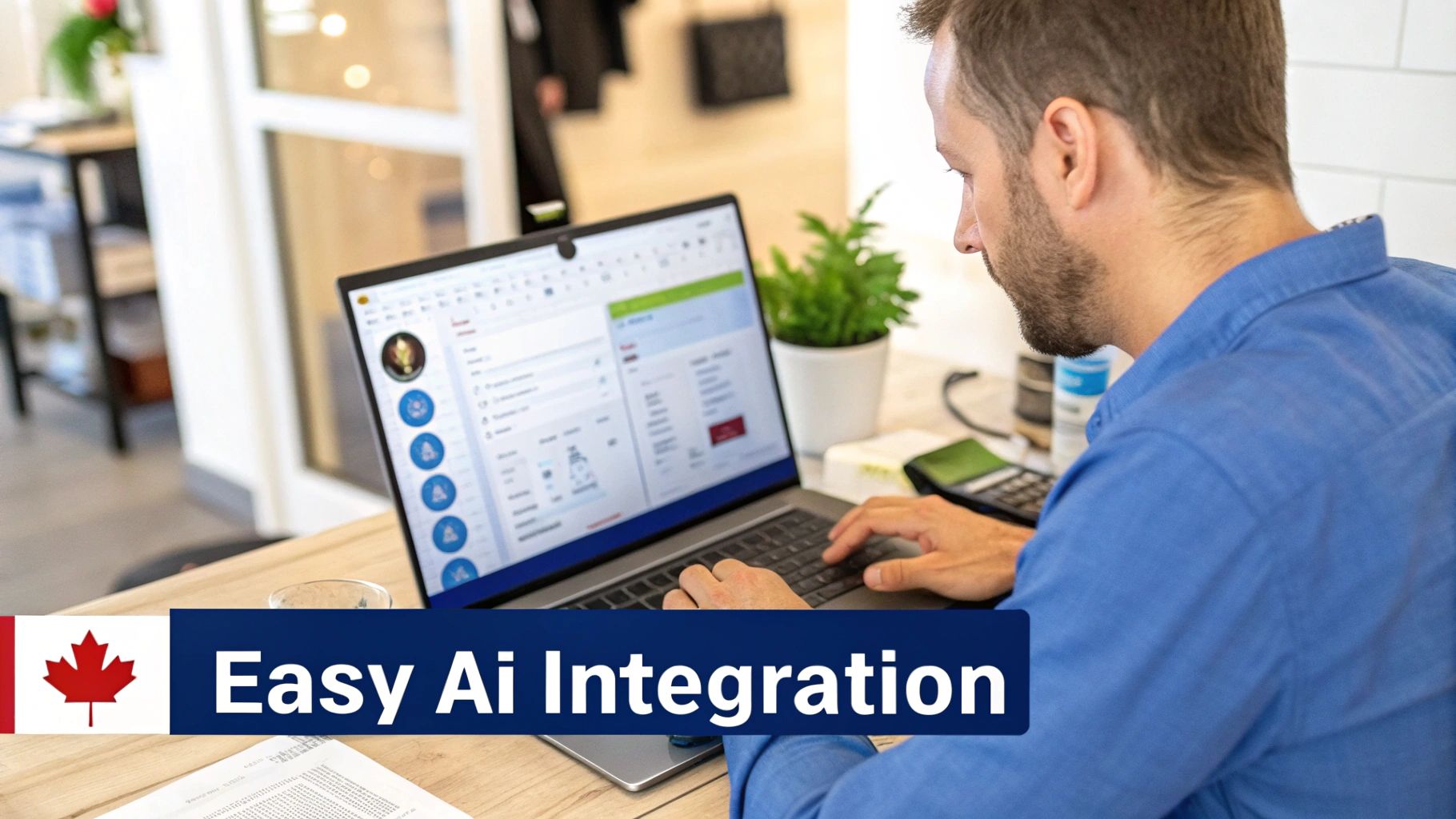 A man in a blue shirt focused on working with an application on a laptop. Text says 'Easy AI Integration'.
