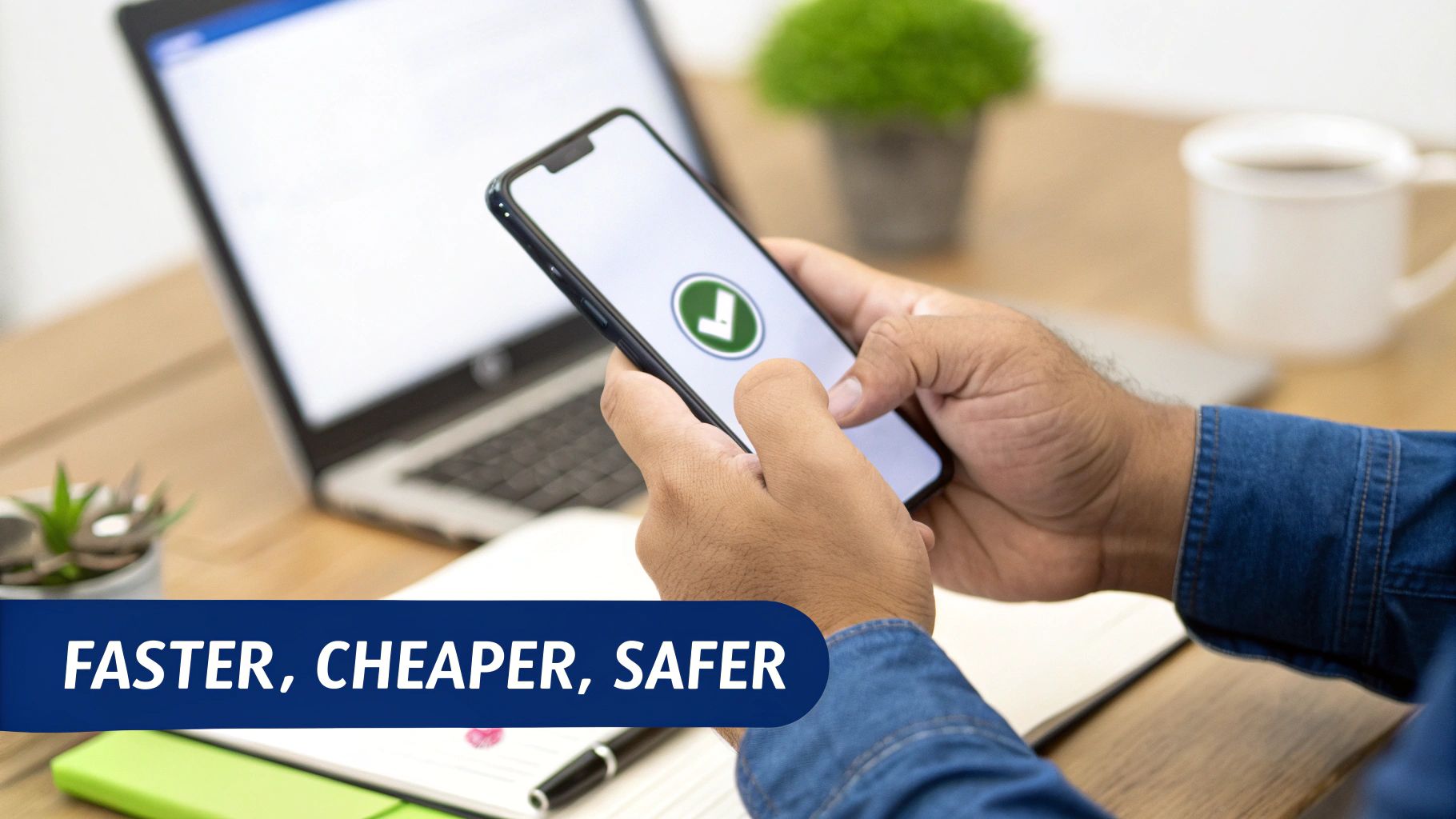 Person holding a smartphone displaying a green checkmark, with a laptop and desk in background.