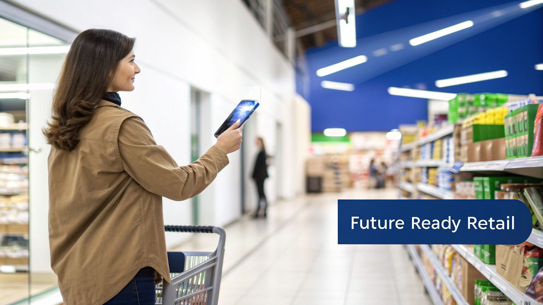 A person interacting with an augmented reality interface showing futuristic shopping elements.