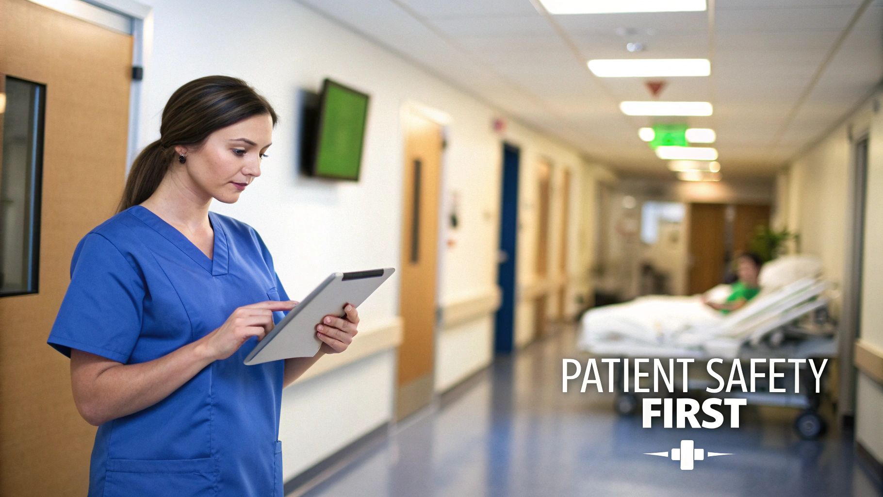 A nurse in blue scrubs uses a tablet in a hospital hallway, emphasizing patient safety.