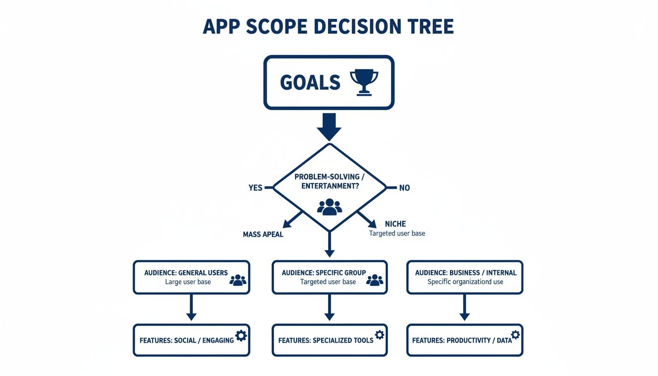 App scope decision tree diagram showing paths from goals to audience types and features.