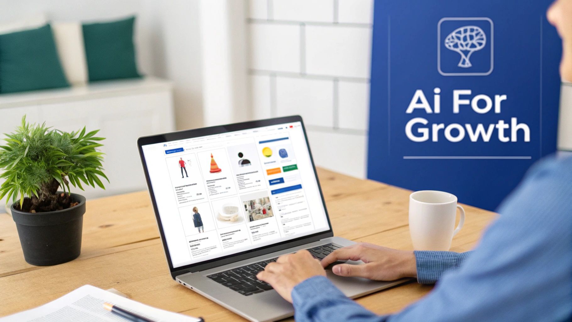Person using laptop to manage e-commerce products, with a blue 'AI For Growth' sign visible.