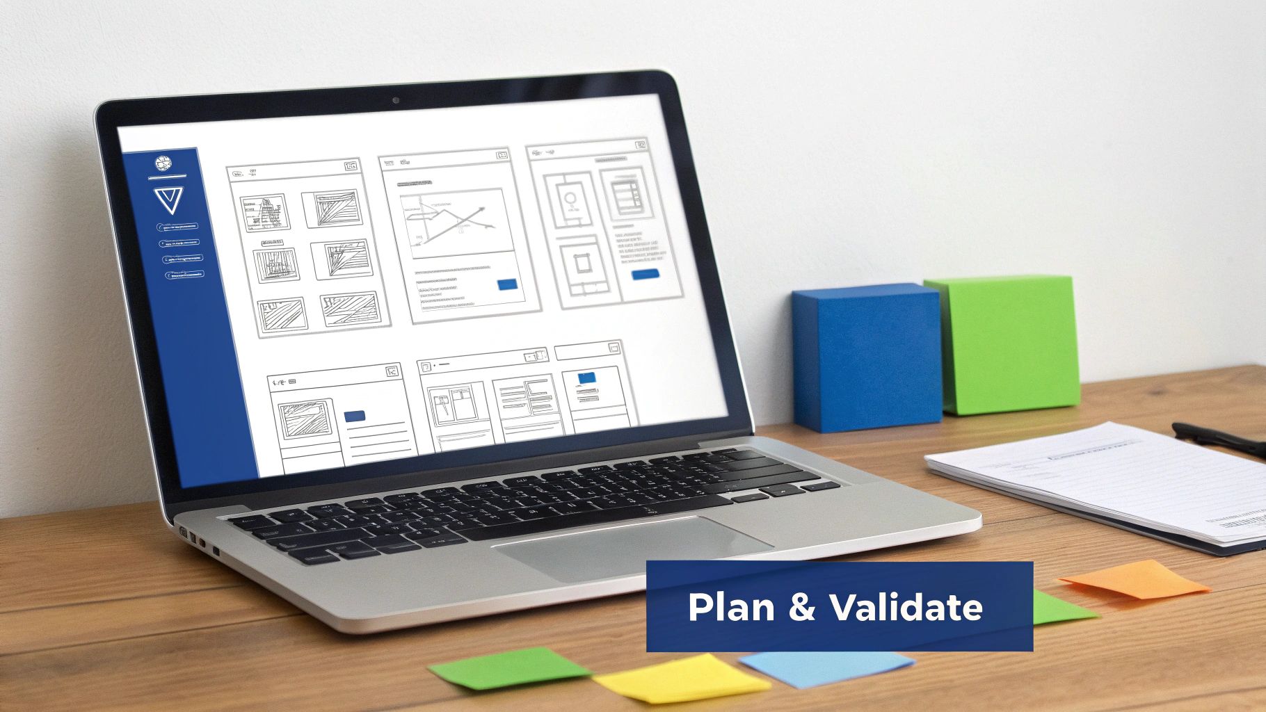 A laptop on a wooden desk displays UI wireframes, surrounded by sticky notes and colorful blocks.