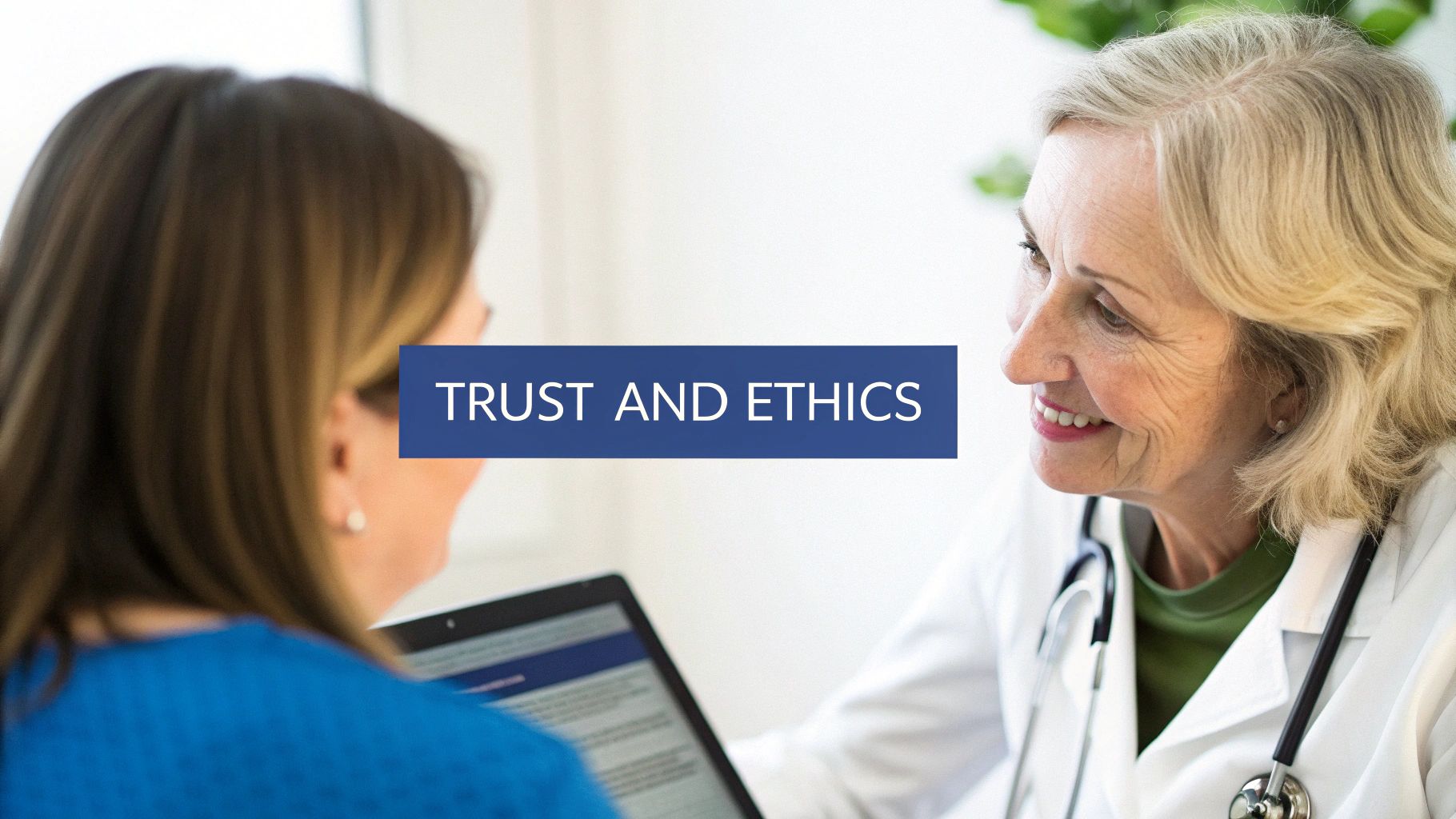 An image showing a diverse group of healthcare professionals and patients interacting positively around a digital interface, symbolizing trust in technology.