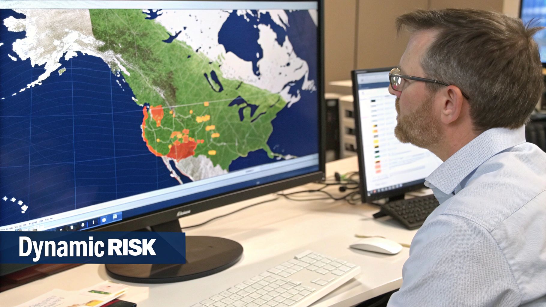 An image showing a magnifying glass over a map of Canada, with data points and risk indicators over regions known for wildfires, floods, and storms.