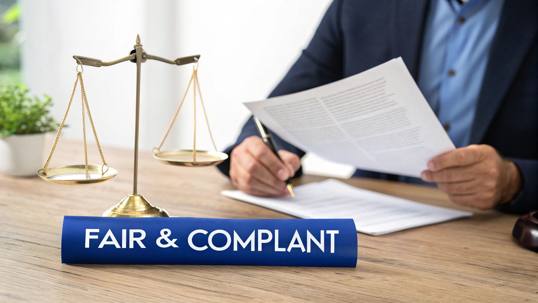 A person reviews documents at a desk with a scale of justice and a 'Fair & Compliant' sign.