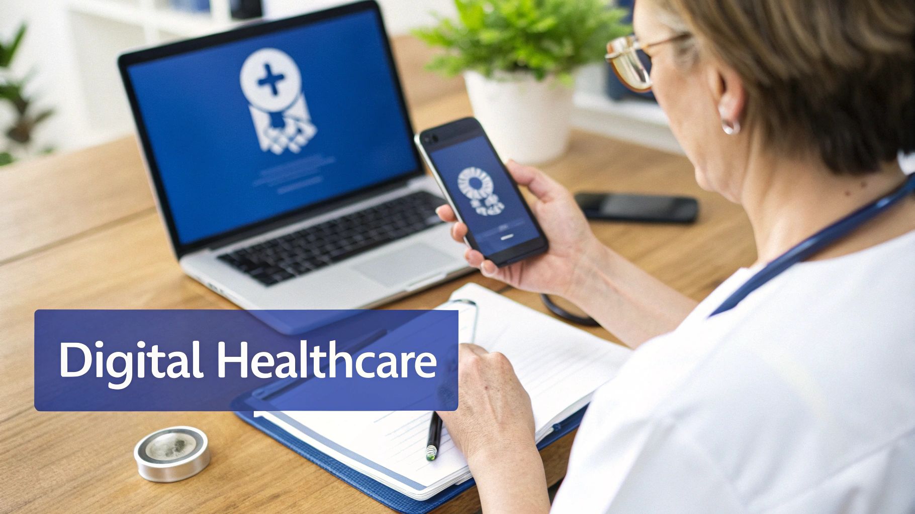 A healthcare professional uses a smartphone and laptop with medical apps, emphasizing digital healthcare.