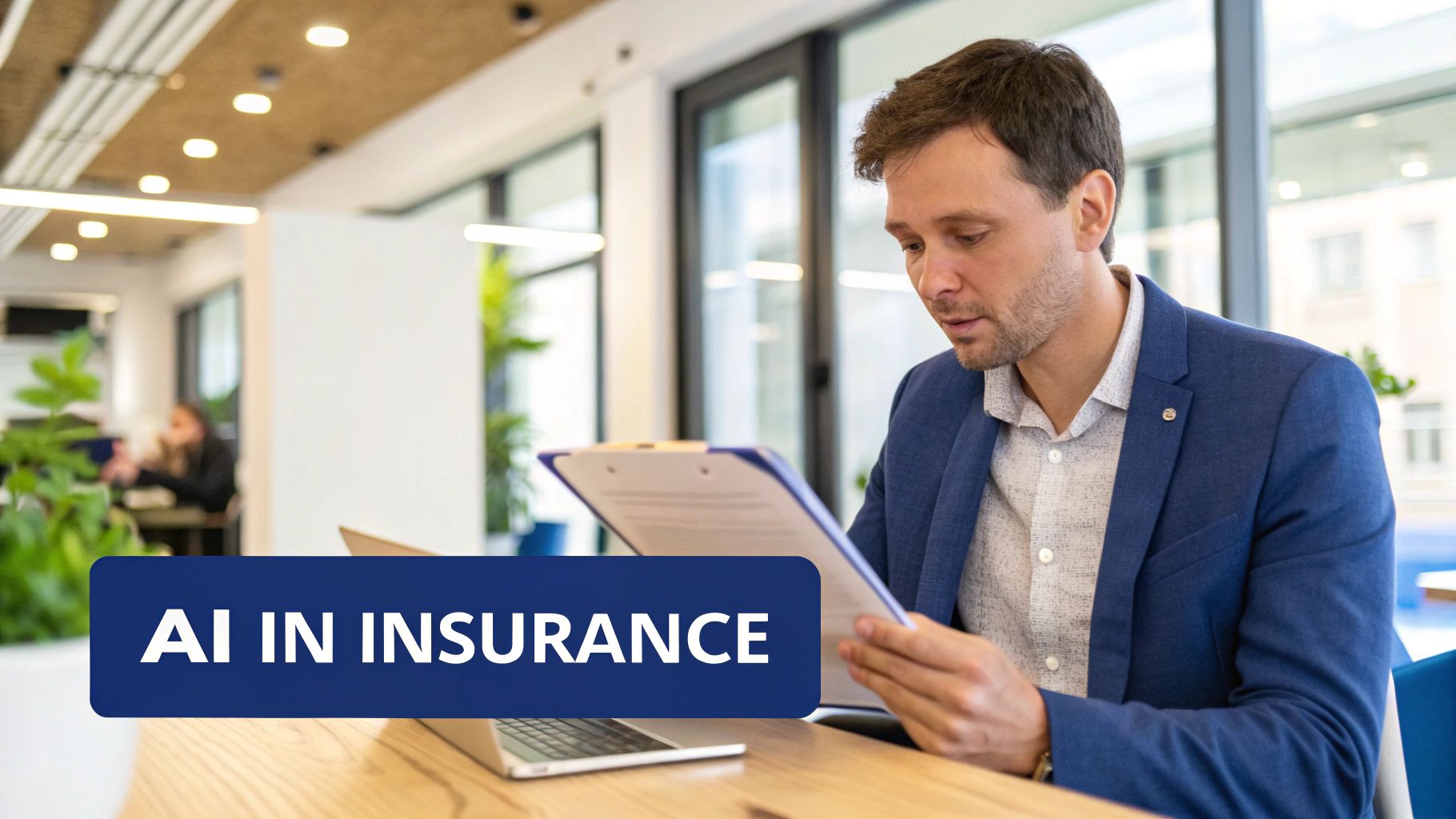 An insurance adjuster examining a damaged car with a tablet, symbolizing the blend of human expertise and modern technology.