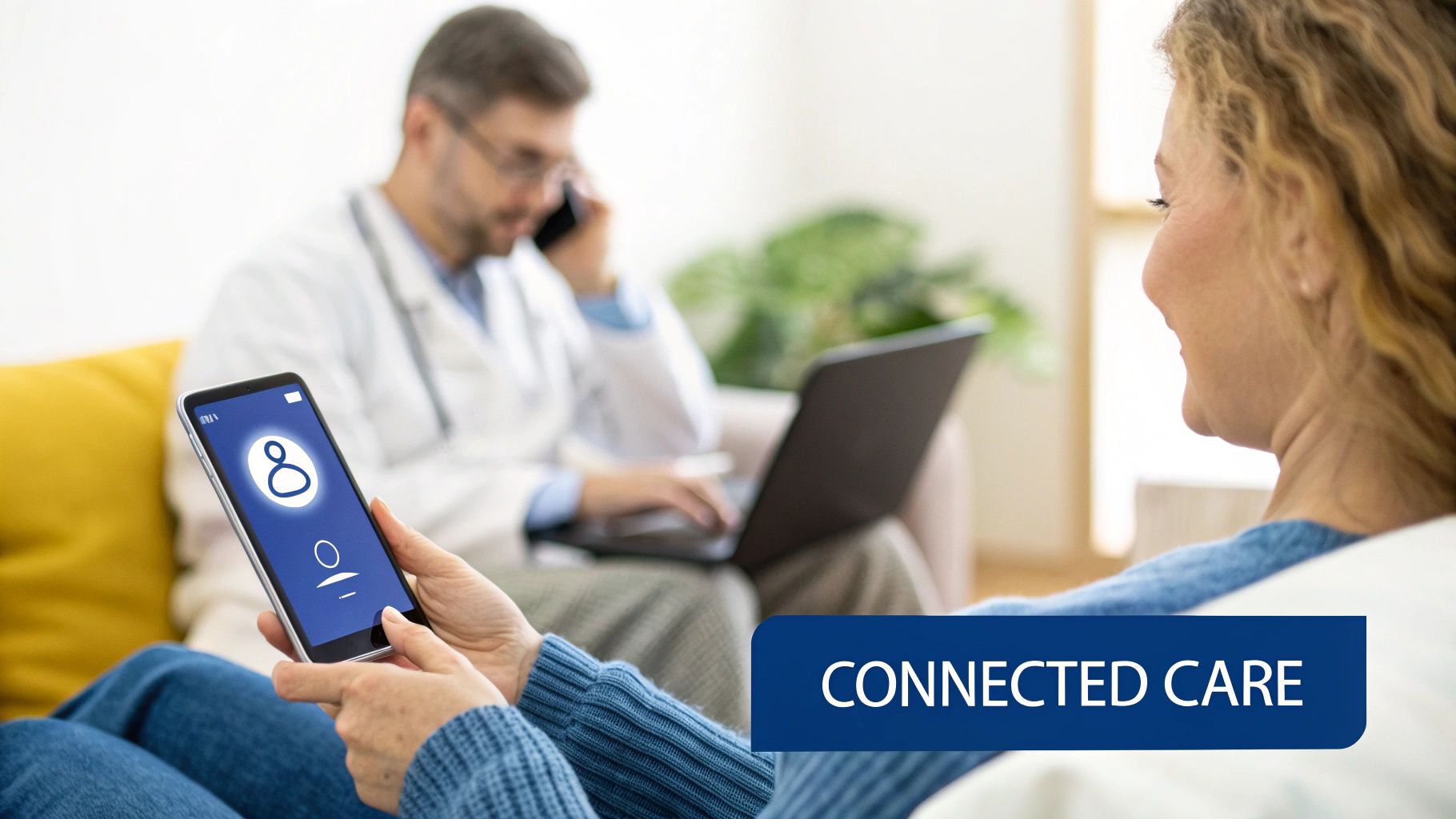 A woman uses a smartphone with a doctor icon while a doctor works on a laptop and talks on the phone, illustrating connected care.
