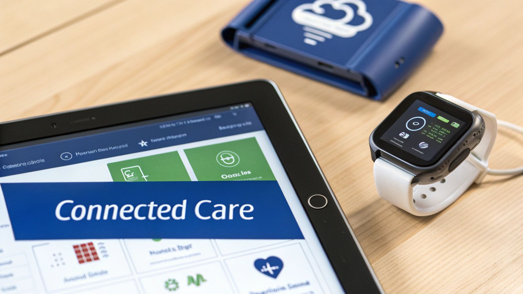 Tablet displaying 'Connected Care' alongside a smartwatch and cloud device, illustrating digital healthcare.