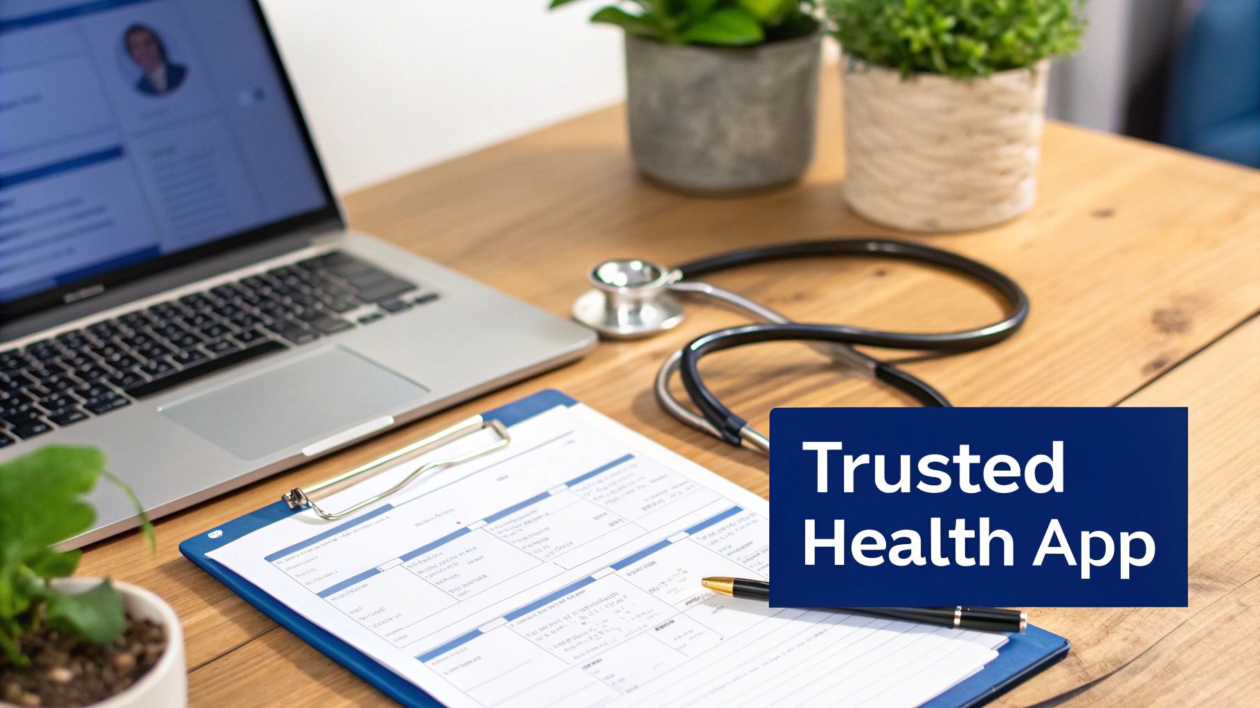 A medical desk setup with a laptop showing a health profile, stethoscope, forms, and a 'Trusted Health App' sign.