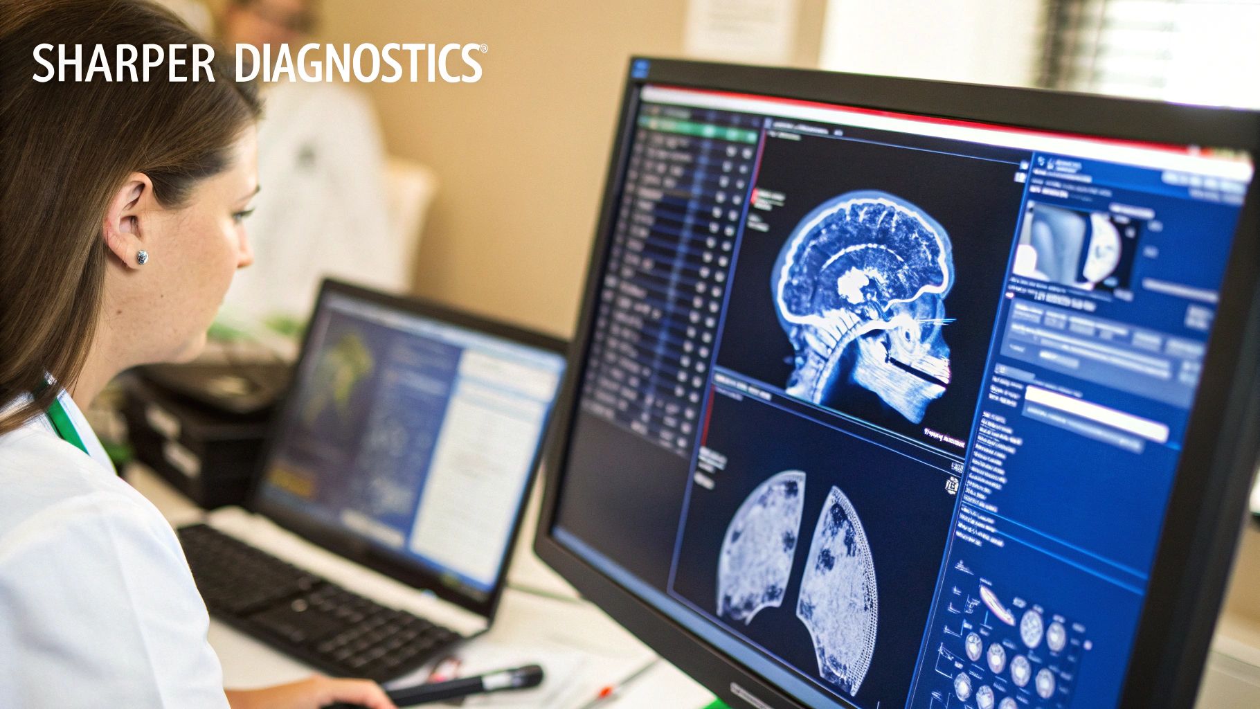 A medical professional analyzing a brain scan on a futuristic holographic display.