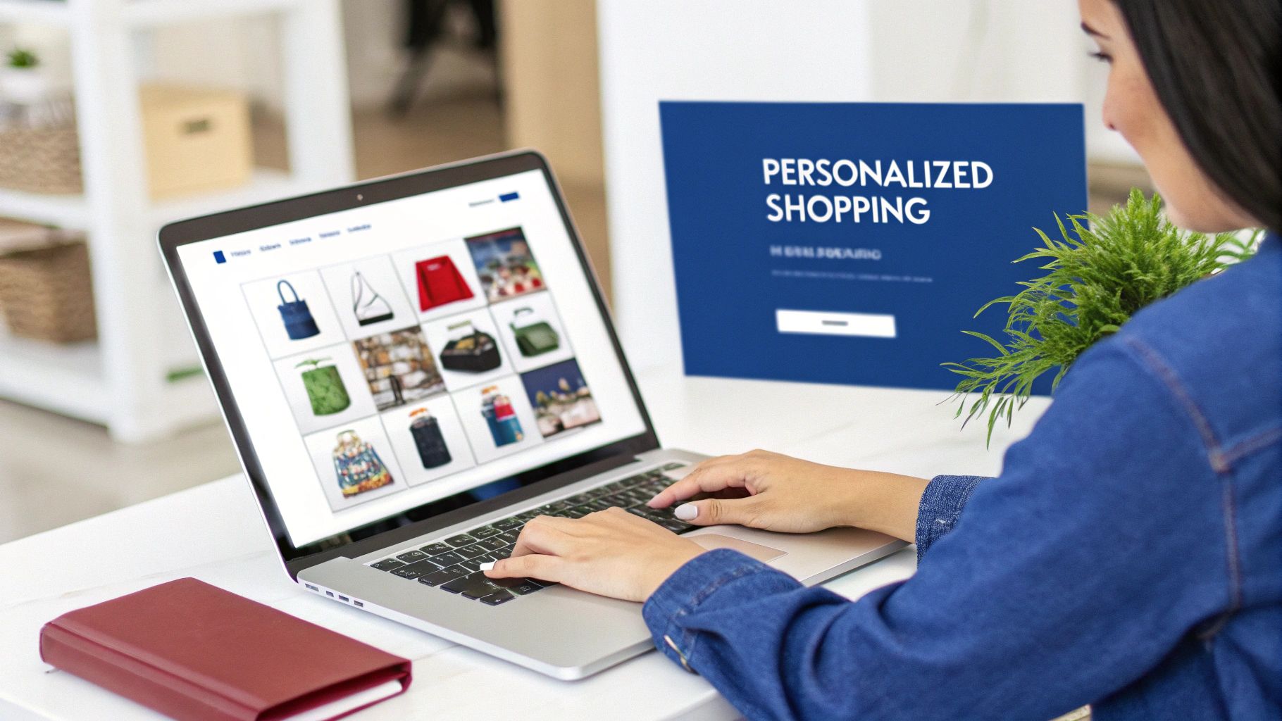 A woman uses a laptop for online shopping with a 'Personalized Shopping' display in the background.