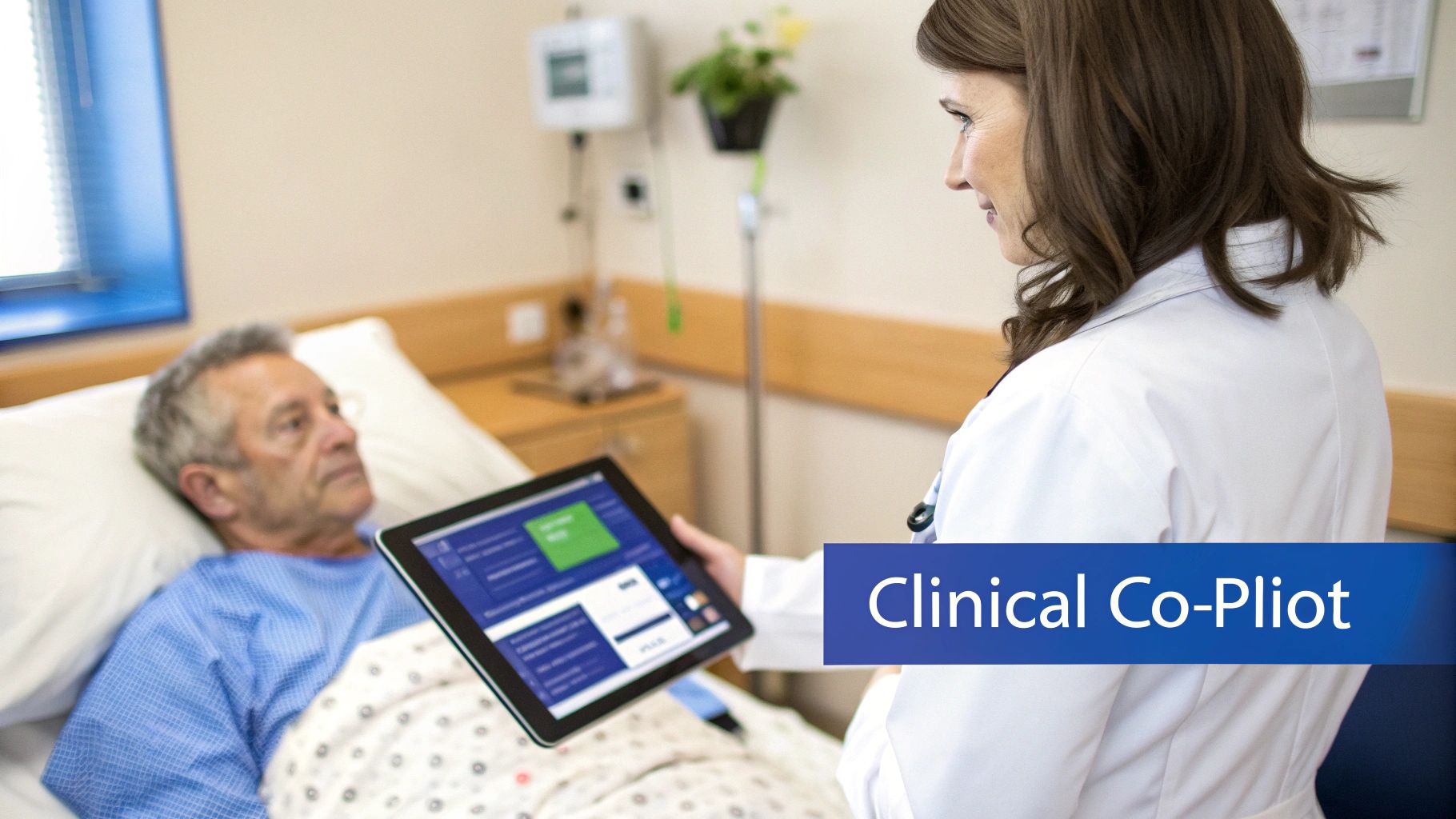 A smiling doctor uses a tablet with "Clinical Co-Pilot" software to interact with a patient in a hospital bed.