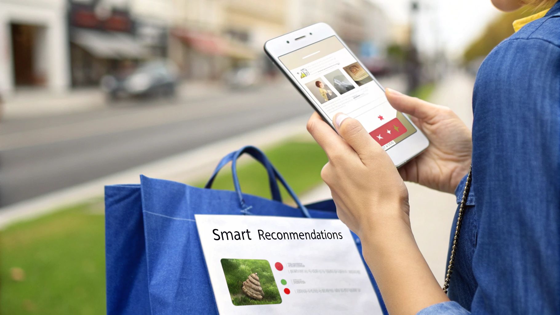 A person views smart product recommendations on a smartphone while holding a shopping bag with a printed sheet.