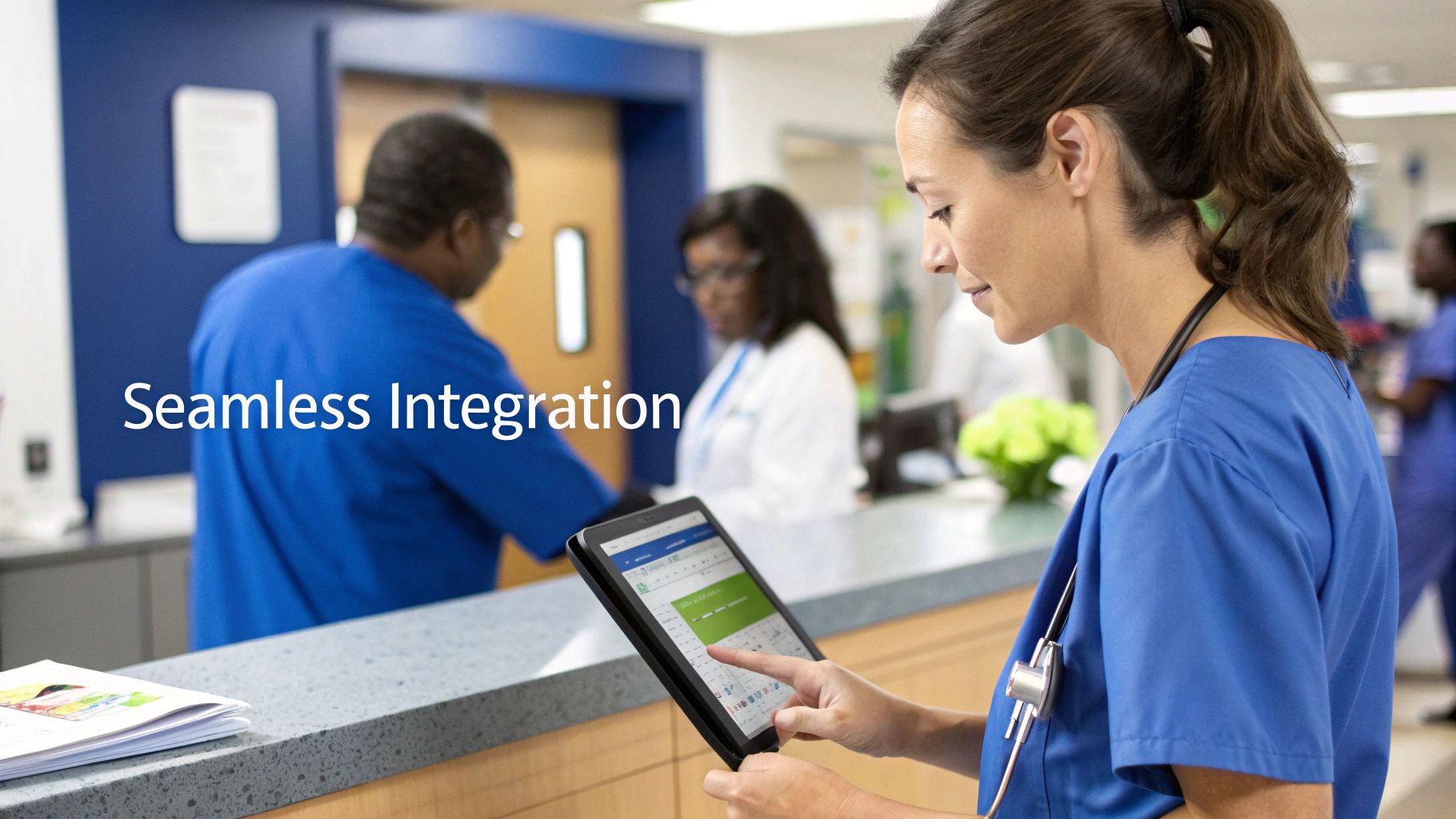 A female healthcare professional in blue scrubs uses a tablet in a busy clinic.